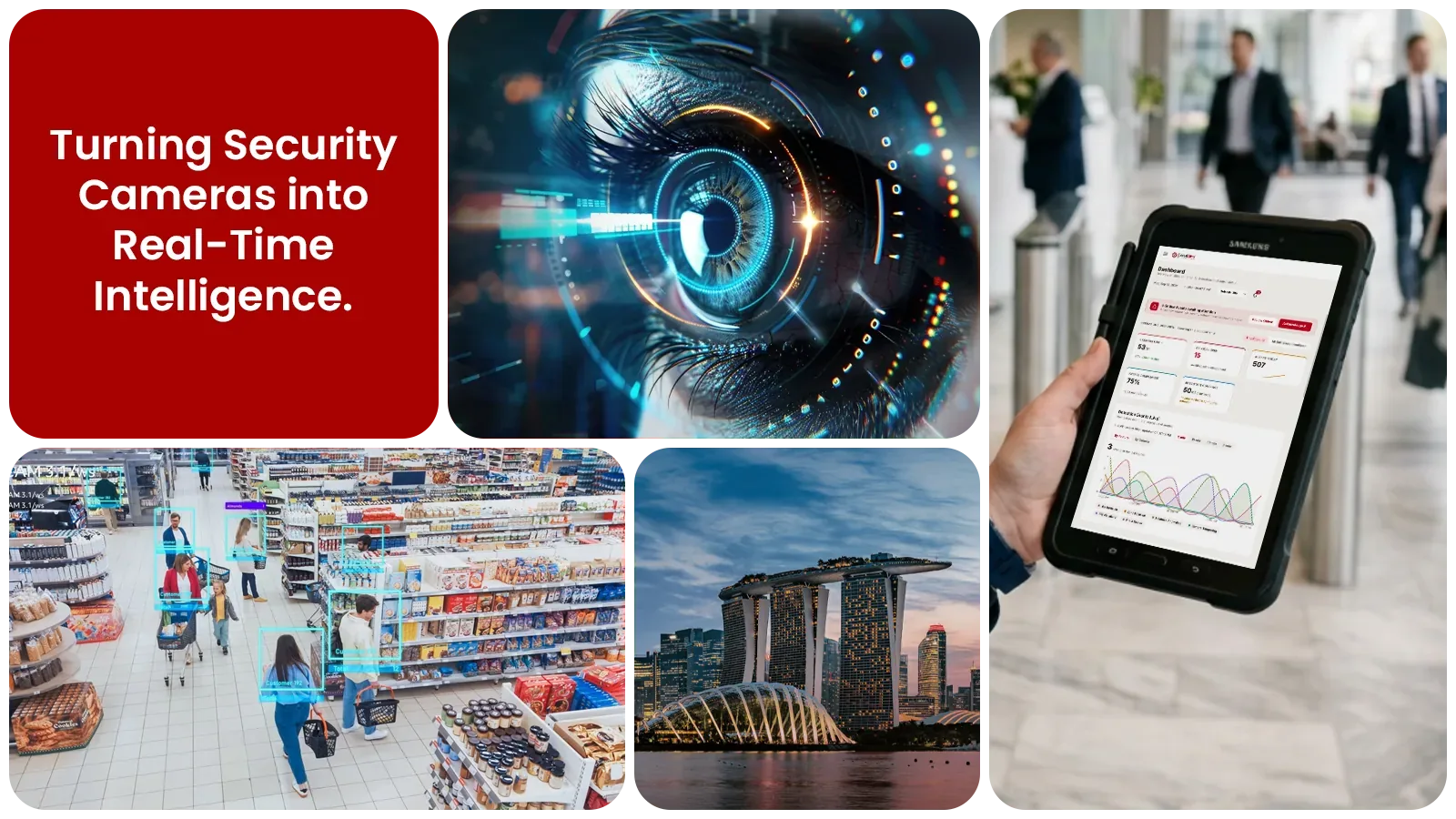 Turning security cameras into real-time intelligence: a store with people tracked, a city skyline and the console on a tablet