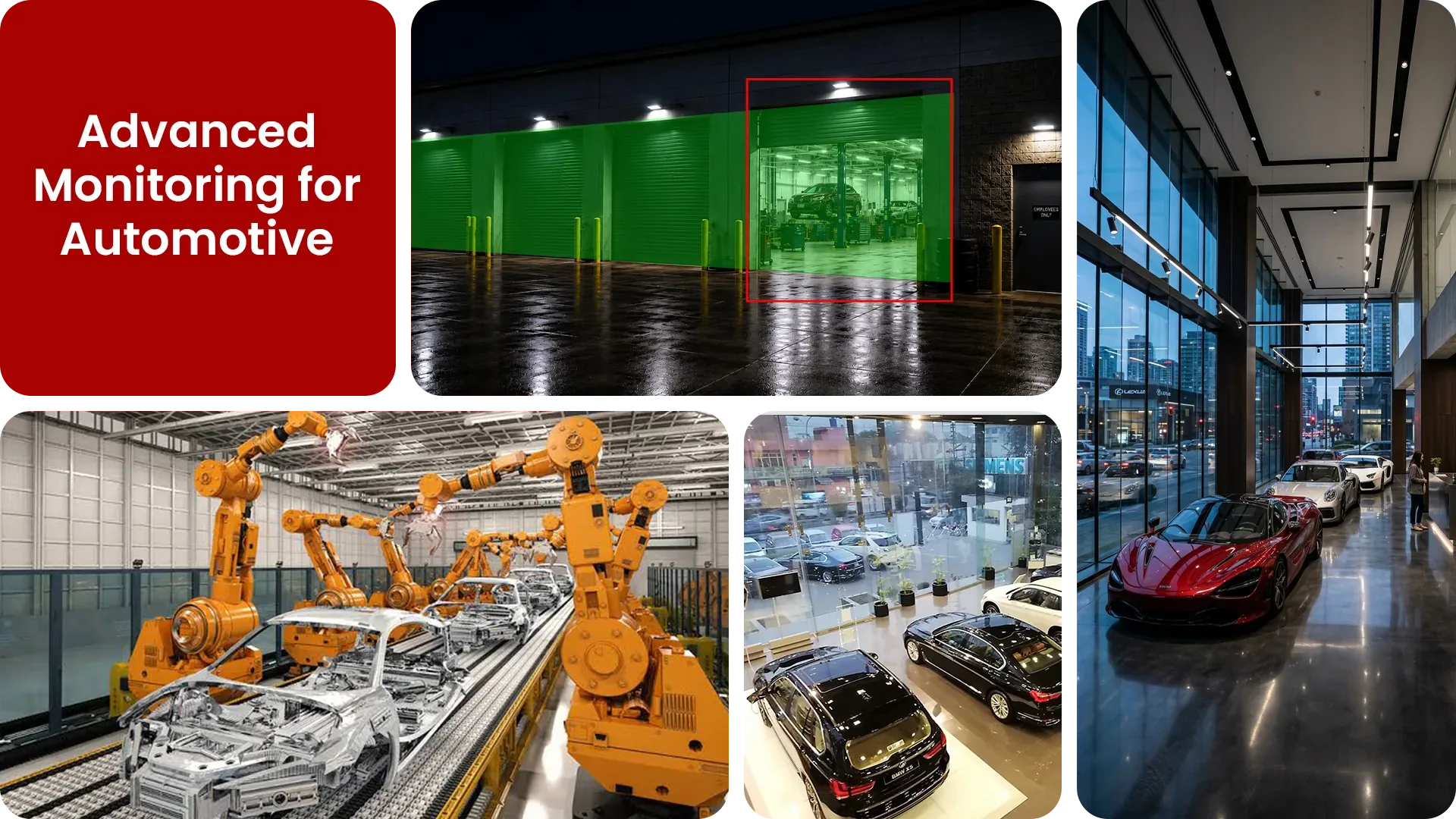 A vehicle yard and service building under AI camera monitoring
