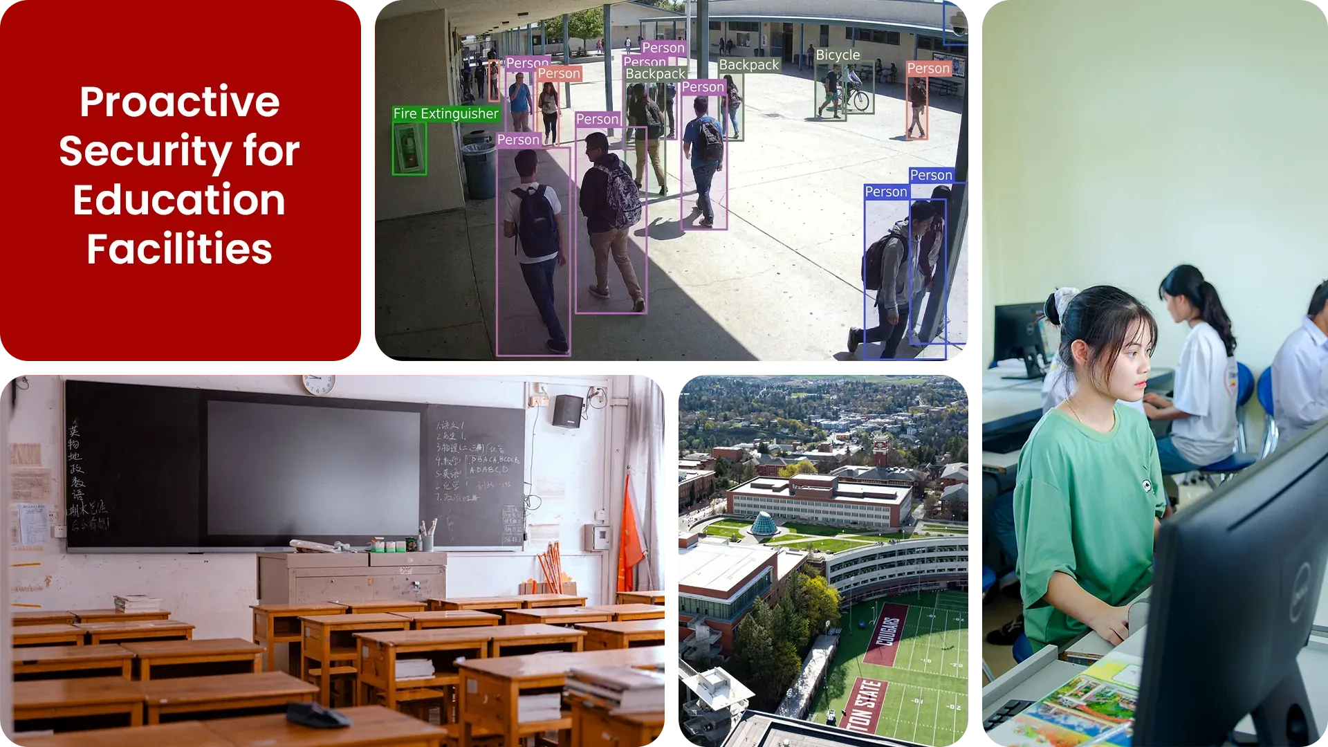 AI-monitored school campus showing bounding boxes tracking people, backpacks, and a bicycle on a walkway, with classroom, campus, and computer lab scenes