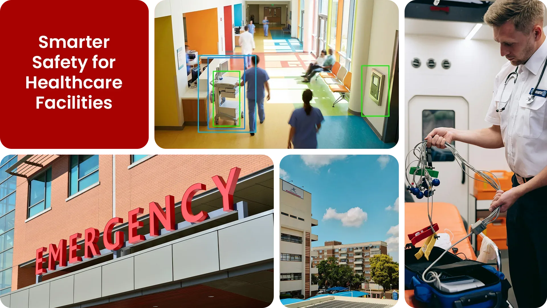 AI-monitored hospital corridor showing bounding boxes around staff and equipment, with an emergency entrance and clinical team scenes