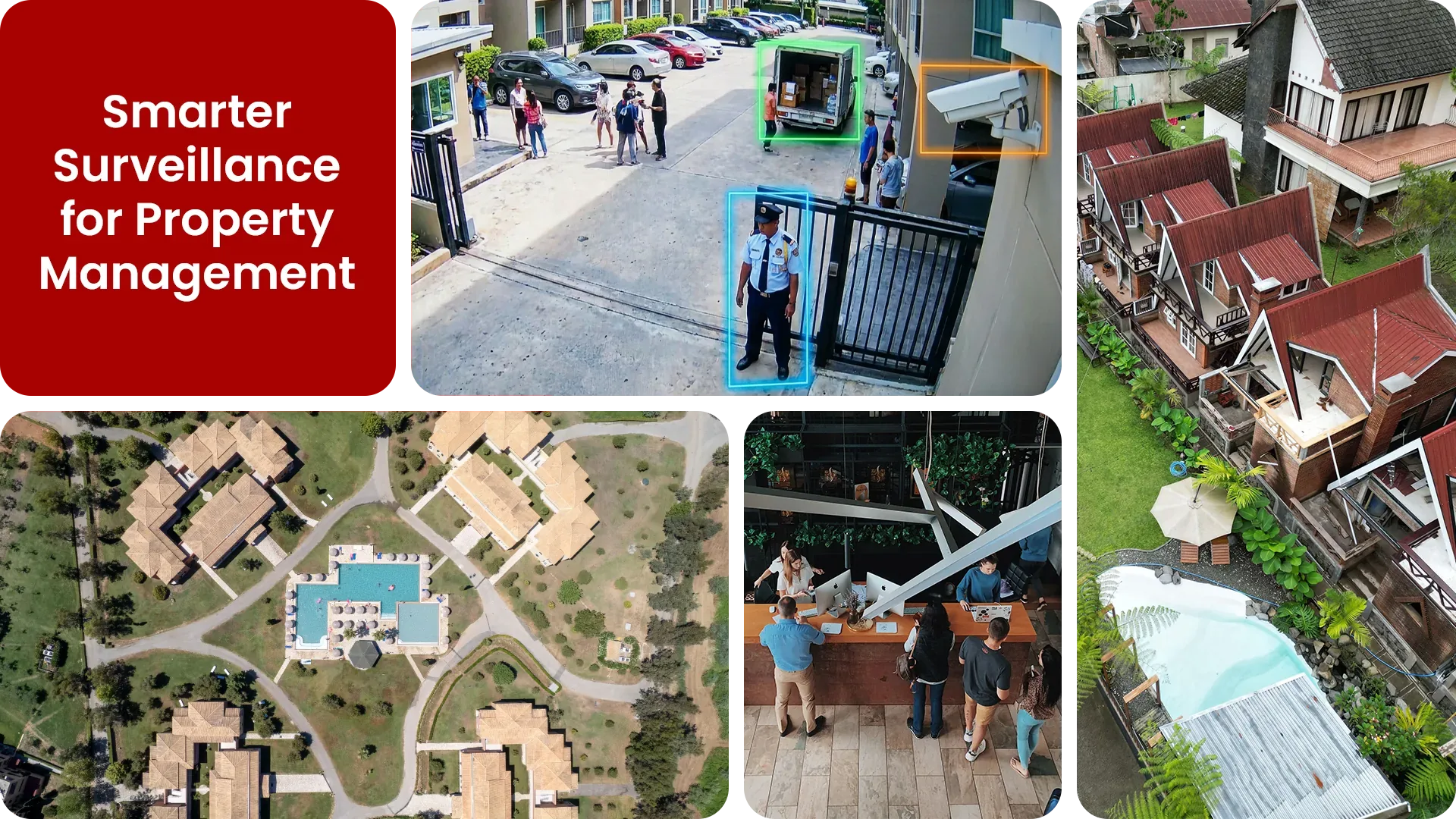 AI-monitored residential property showing bounding boxes around a security guard, visitors, and a delivery vehicle, with aerial views of the grounds