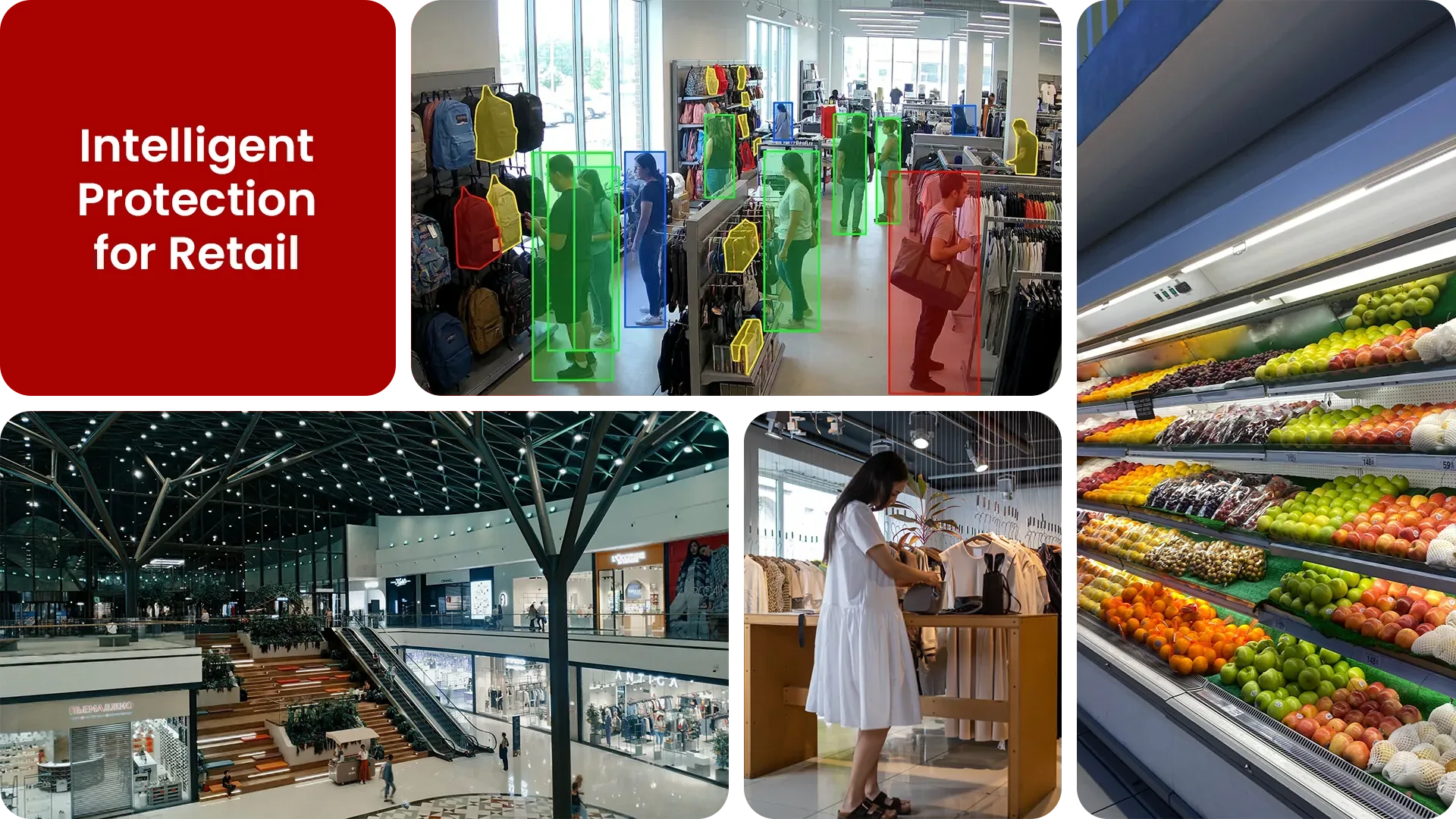 AI-monitored retail store showing bounding boxes tracking shoppers and bags on the sales floor, with mall and checkout scenes