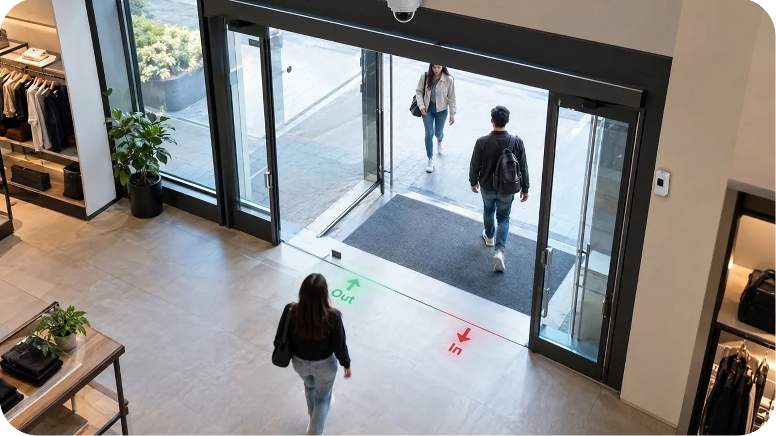 A store entrance seen from a ceiling camera, with a counting line across the doorway marking people coming in and going out