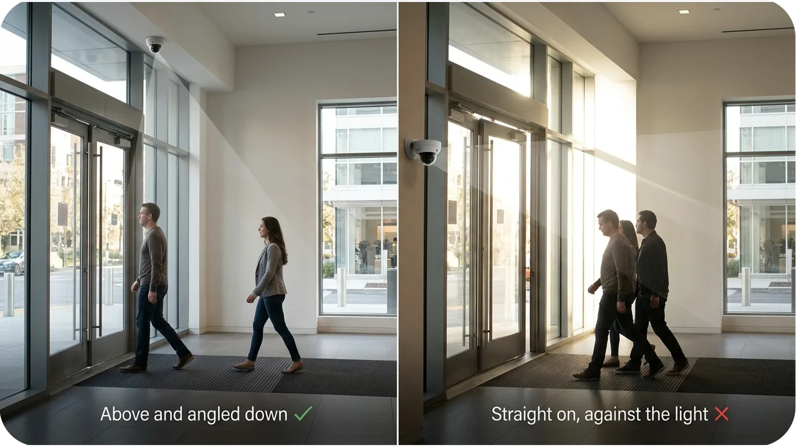 Where to mount a counting camera: above the entrance and angled down, not at head height facing a bright glass door