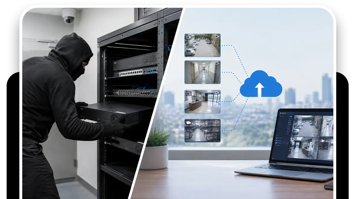 A recorder in an on-site rack beside camera feeds recording to the cloud and viewed on a laptop