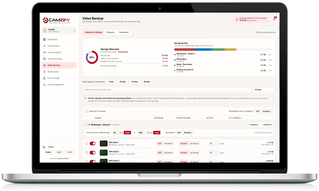 Video backup & retention screen preview