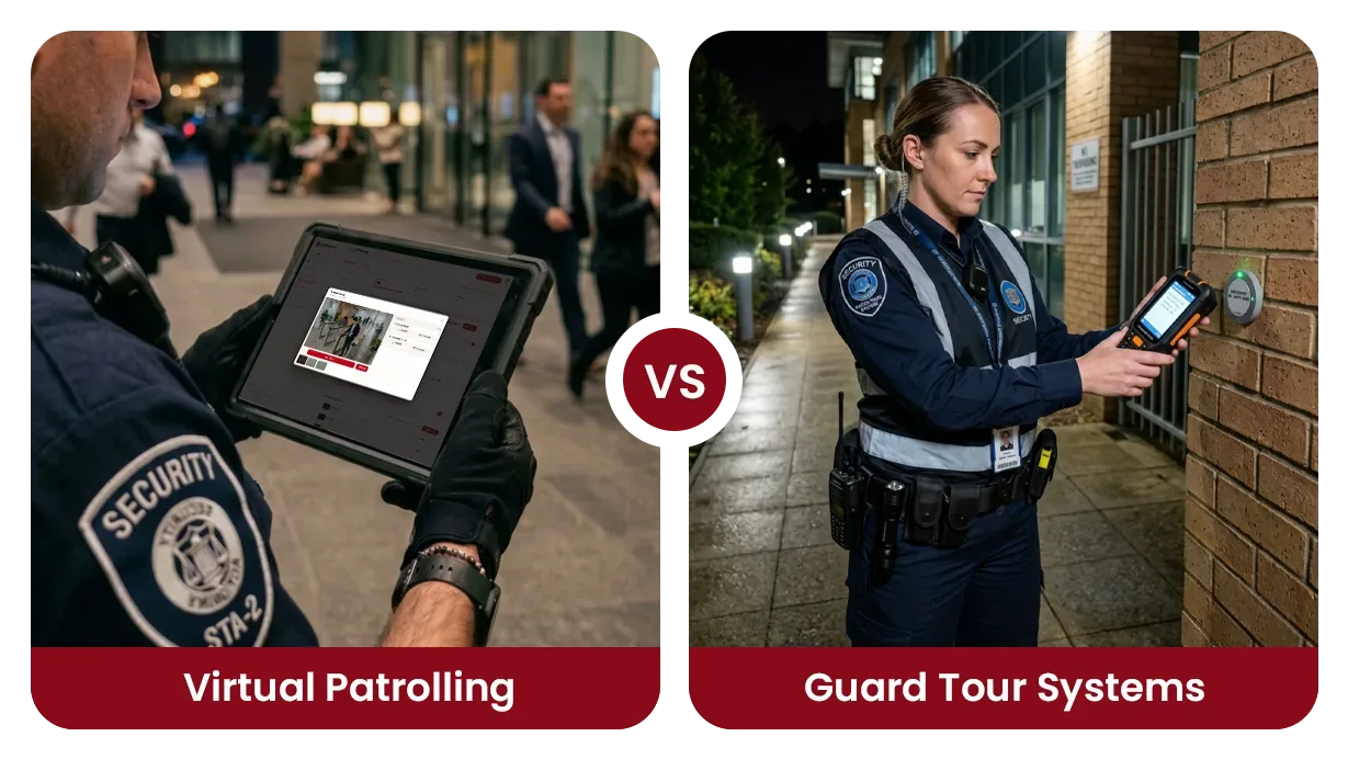 A guard checking a virtual patrol on a tablet beside a guard tapping a checkpoint tag