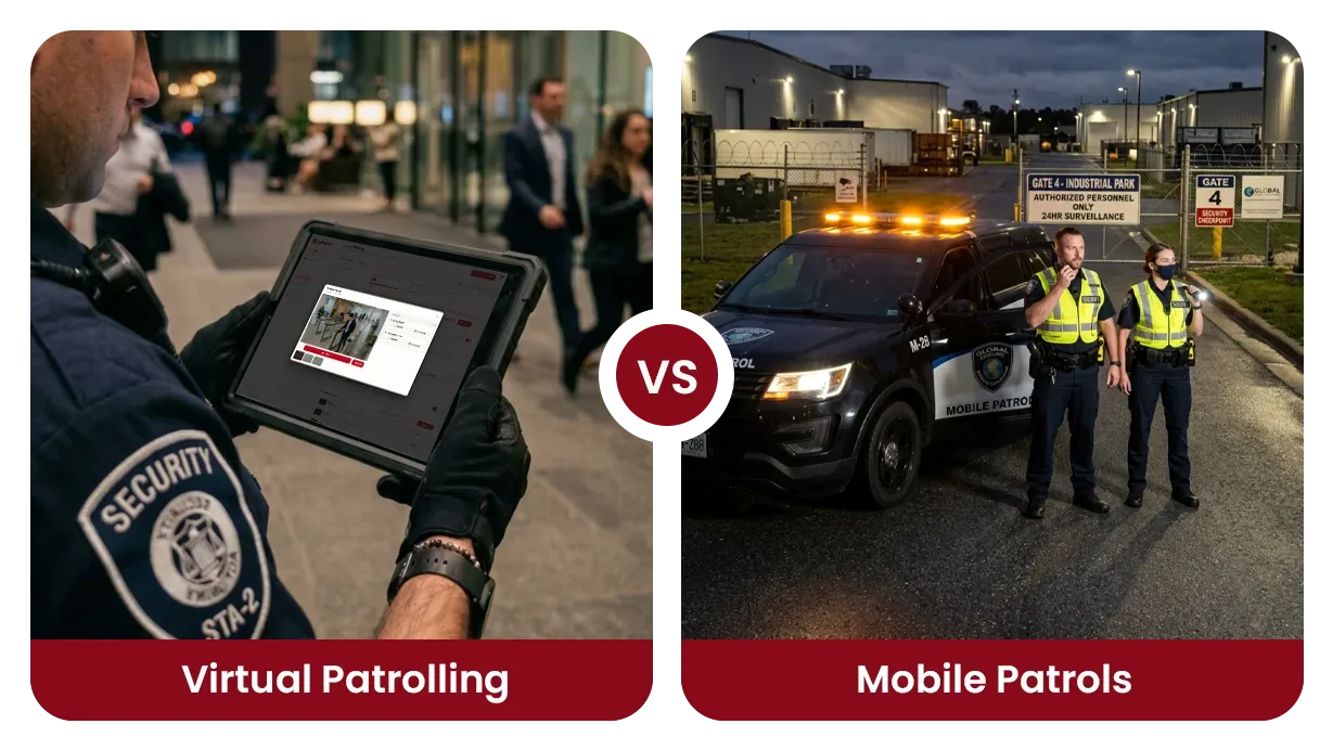 A guard checking a virtual patrol on a tablet beside a mobile patrol unit at a gate