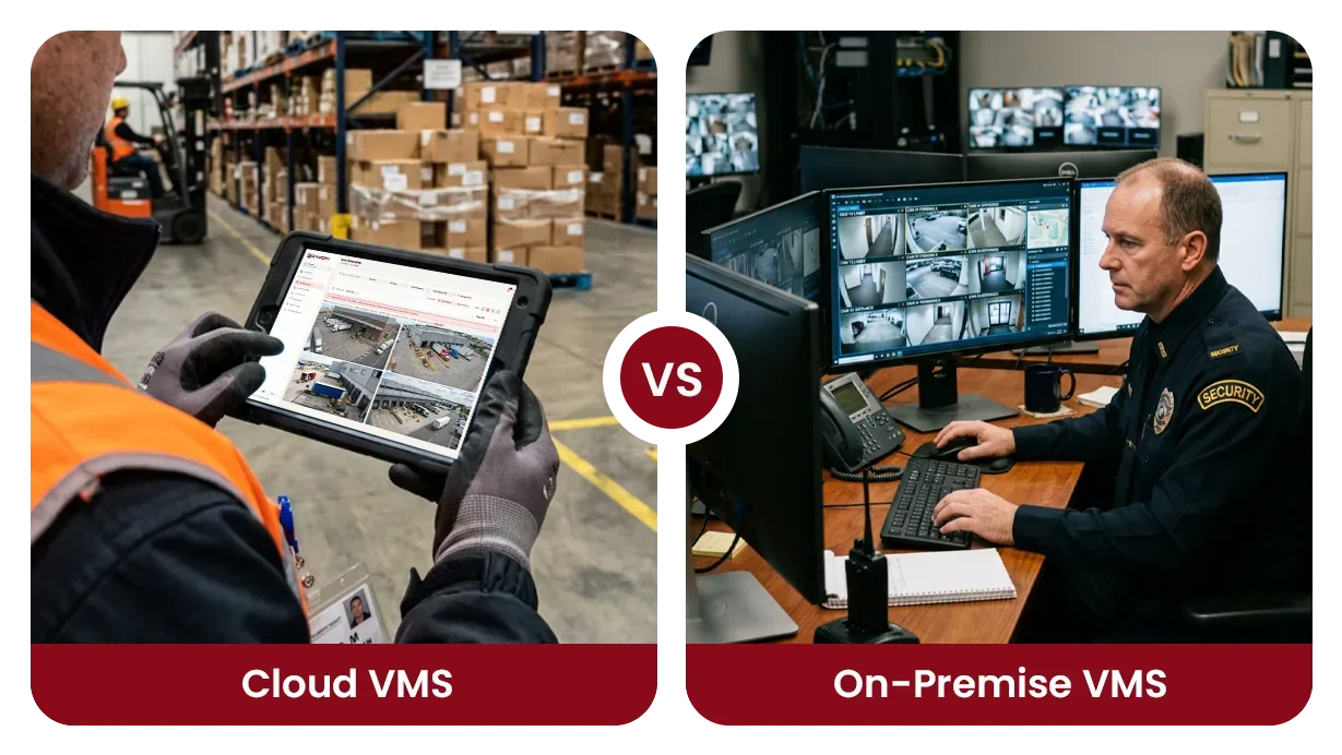An on-site recorder beside the Camzify console open on a laptop, the same camera feeds on both: recording on a machine in the building versus in the cloud