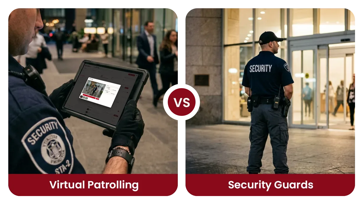 Ein Sicherheitsmitarbeiter prüft einen virtuellen Kontrollgang auf einem Tablet, daneben eine Wachperson am Gebäudeeingang