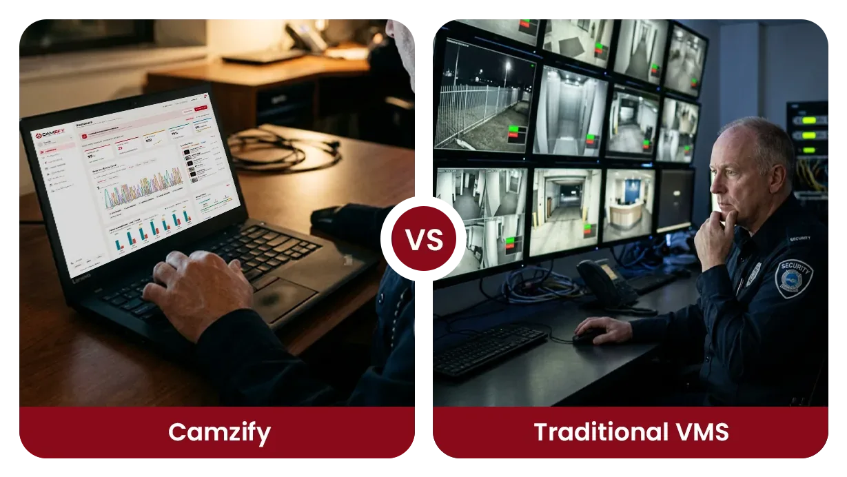 Camzify on a laptop beside an operator at a wall of traditional VMS monitors