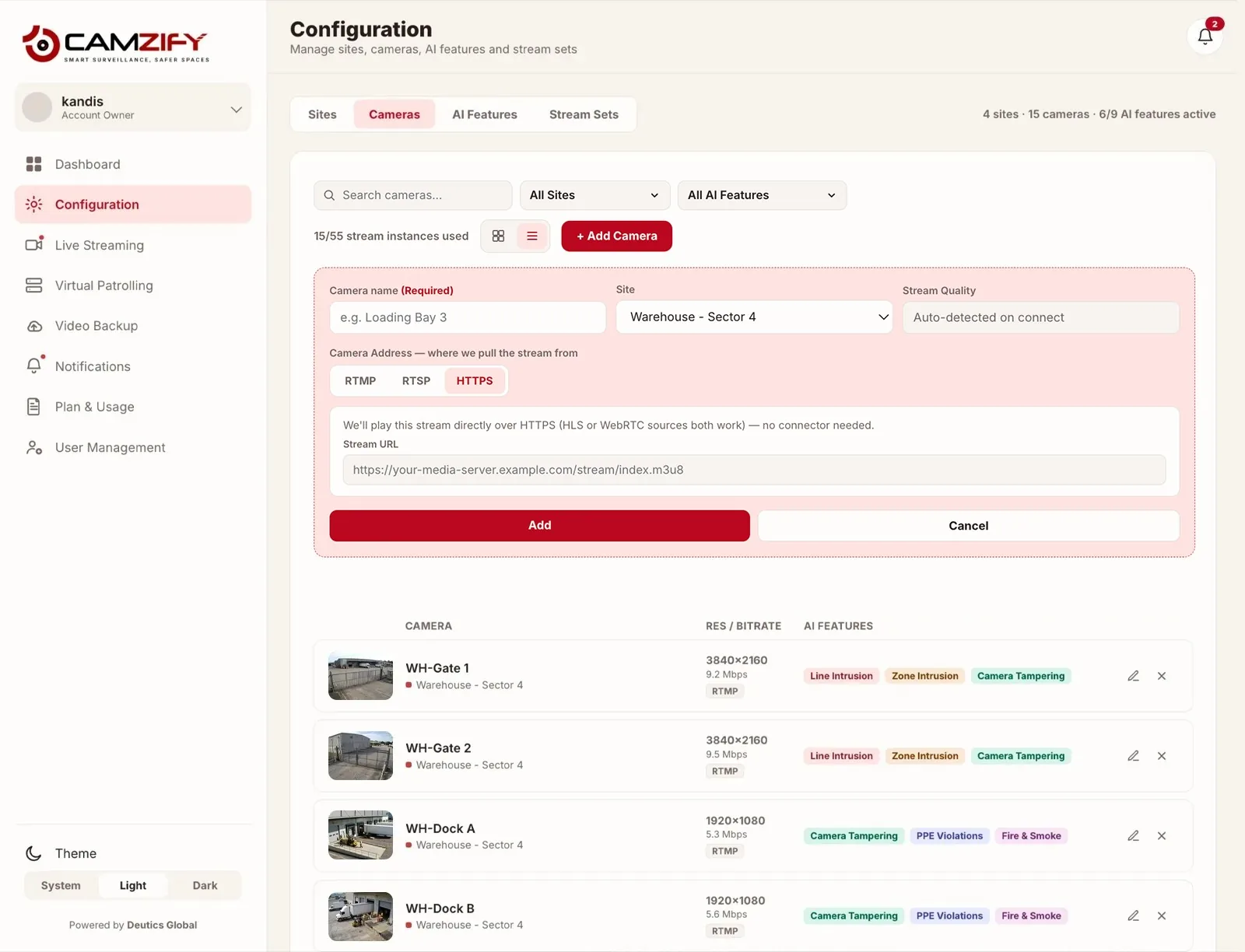 The Configuration screen in the console with the HTTPS option selected for a new camera and the cameras already on the site listed below