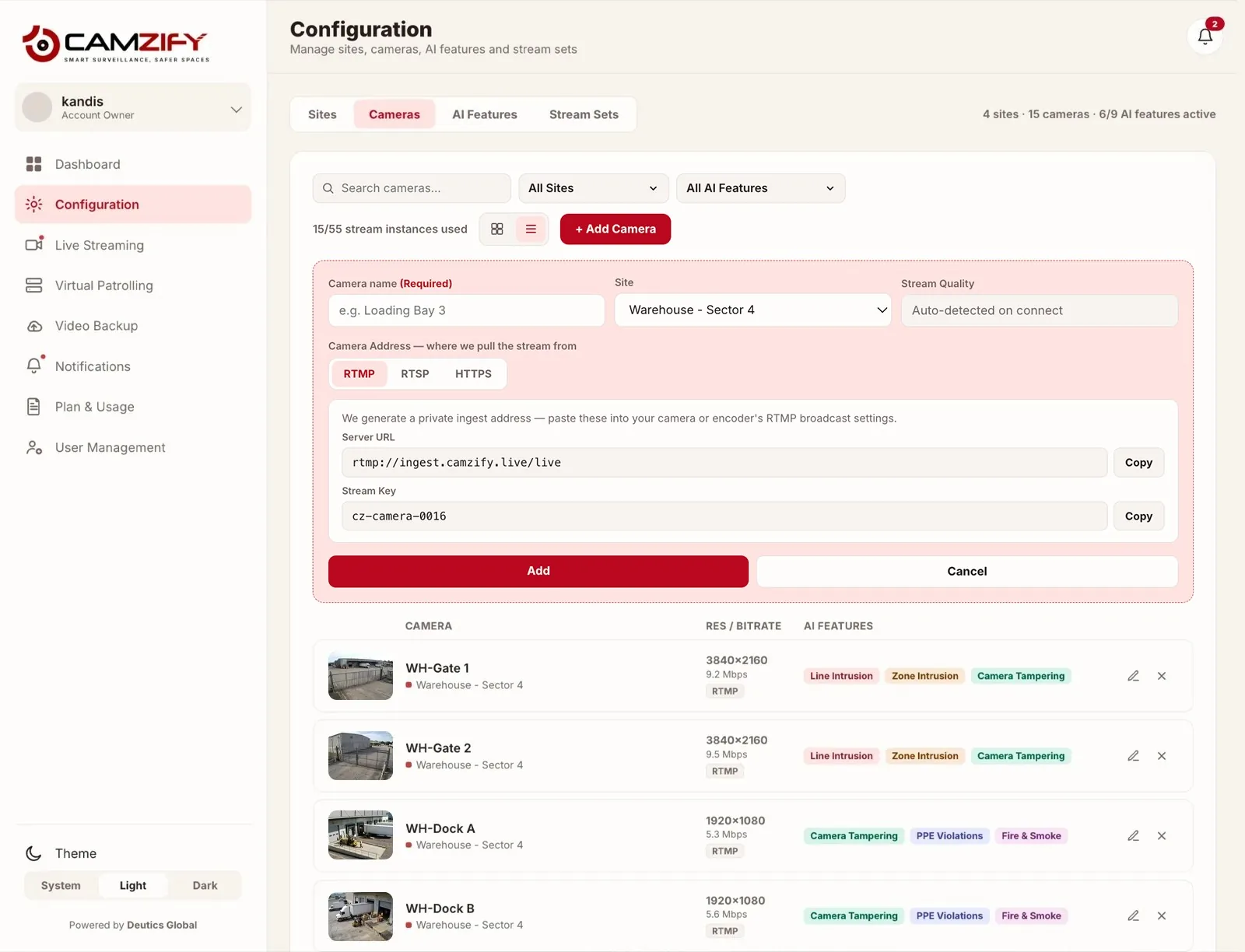 The Configuration screen in the console with the RTMP option selected for a new camera and the cameras already on the site listed below