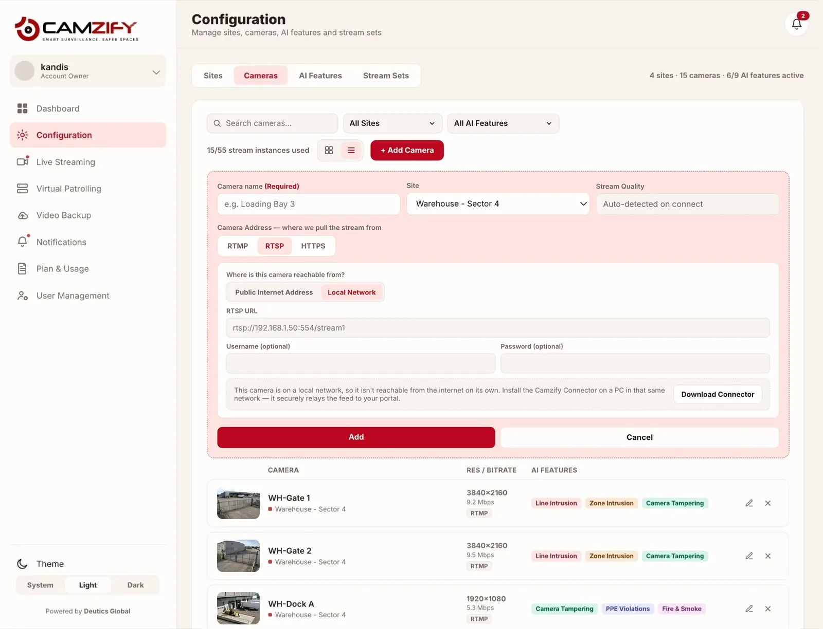 The Configuration screen in the console with the RTSP option selected for a new camera and the cameras already on the site listed below