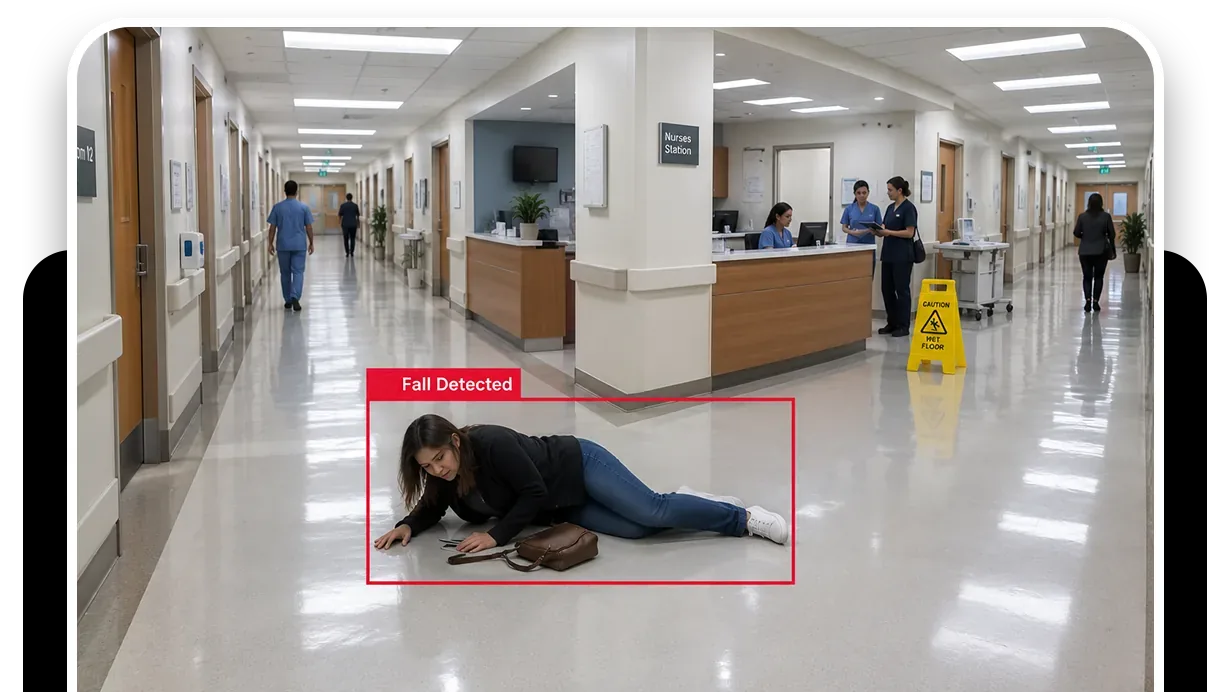 The console live view of a hospital corridor with a person on the floor outlined and a Fall Detected label, nurses at the station behind