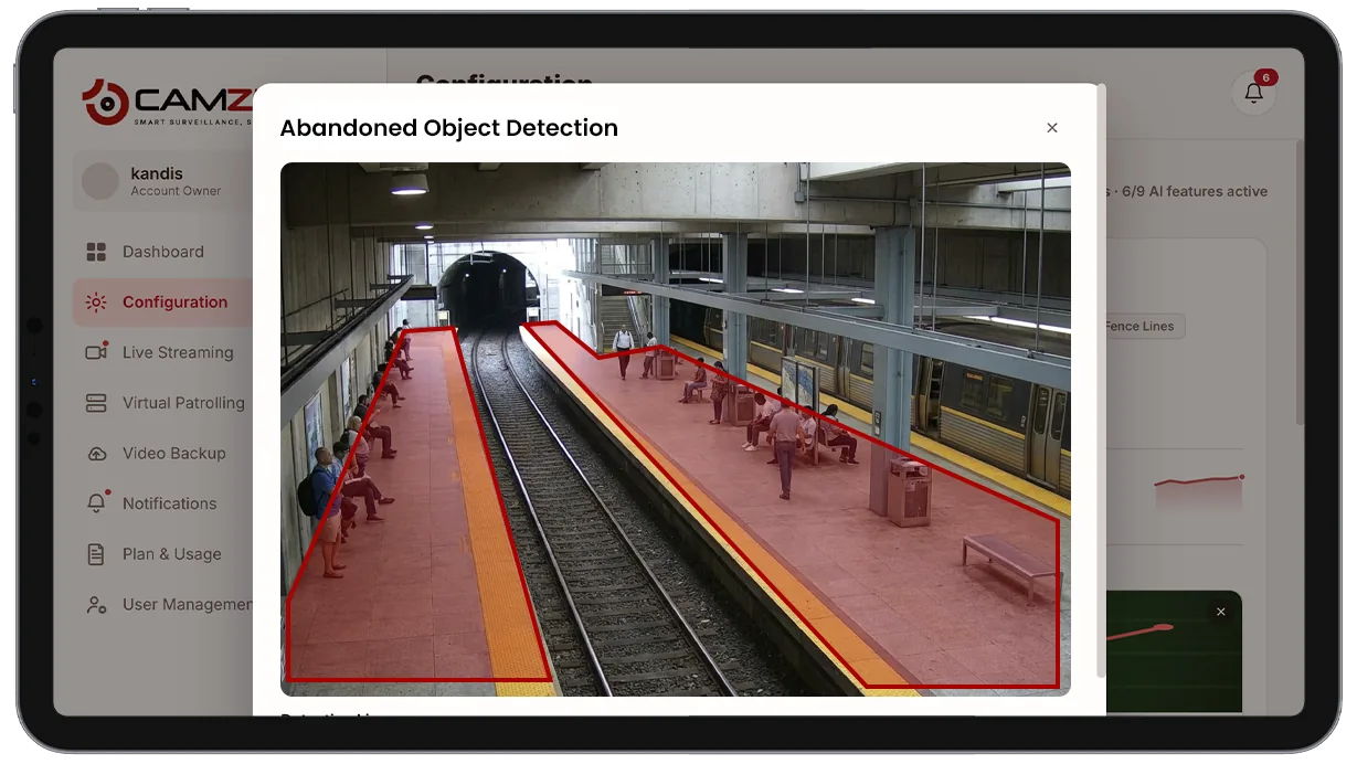 Configuration panel showing dwell-time threshold and monitored object types for a camera zone