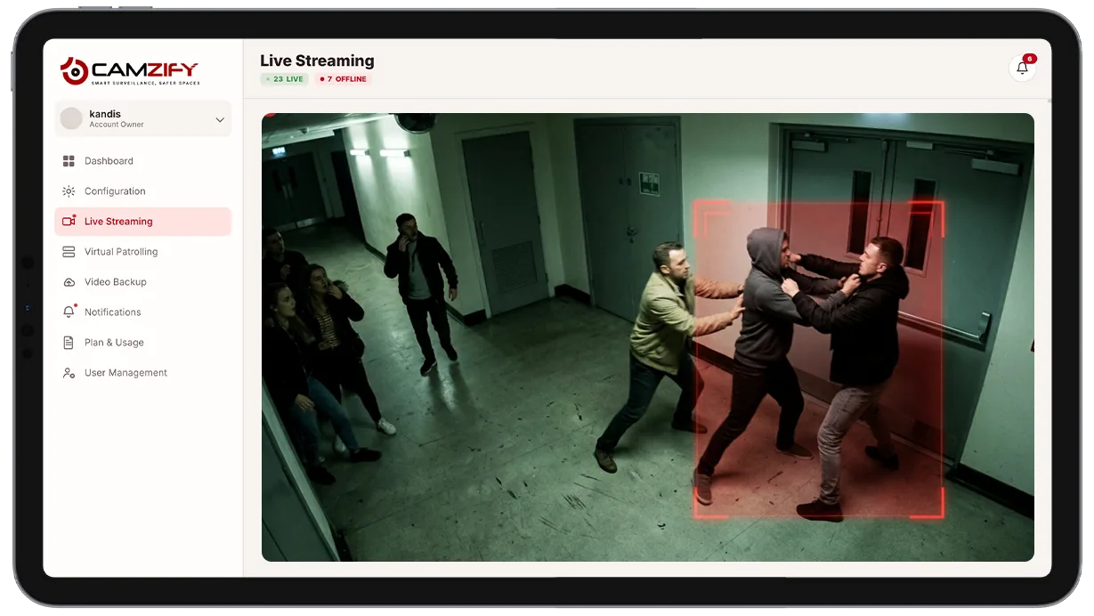Camera view highlighting two subjects engaged in a physical altercation with a confidence score