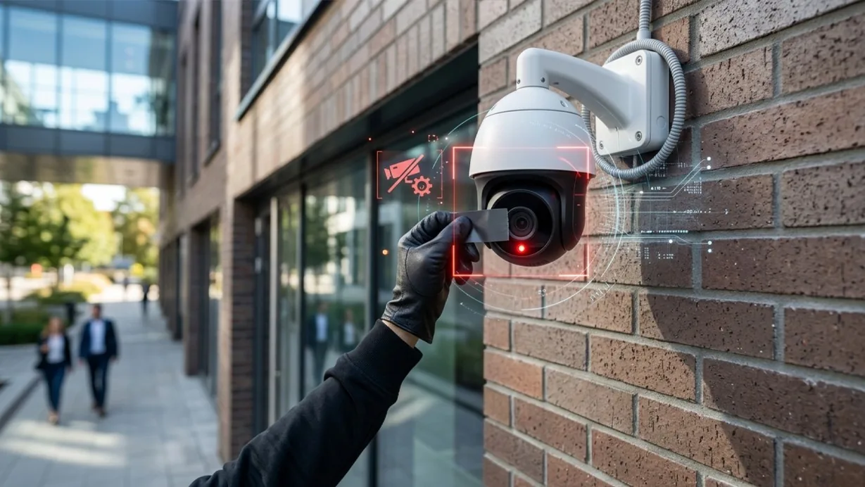 Diagram showing five independent tamper-detection signatures evaluated against a live camera feed