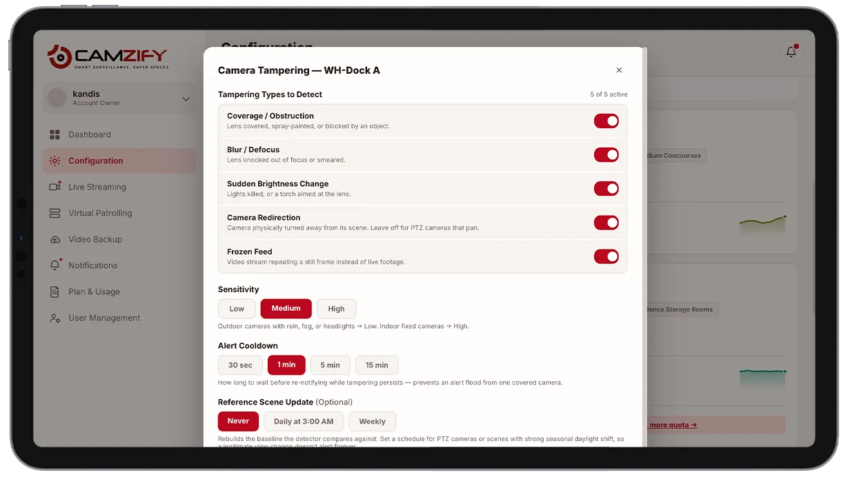Configuration panel showing five tamper detection modes with individual sensitivity and enable controls