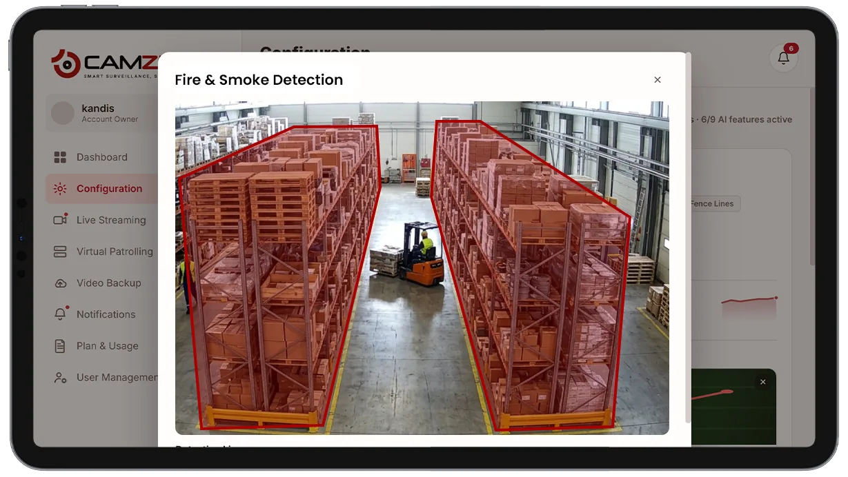 Configuration panel showing critical-severity alerting and escalation rules for a camera