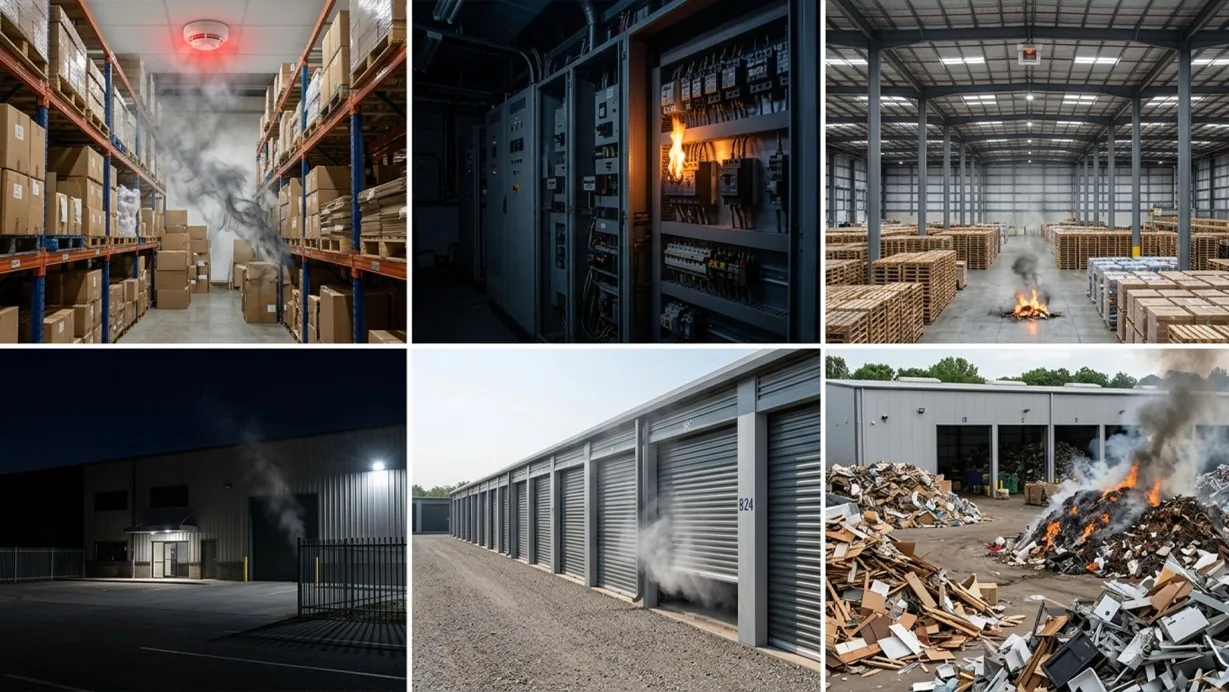 Site map showing fire and smoke detection coverage across storage, electrical, and warehouse areas
