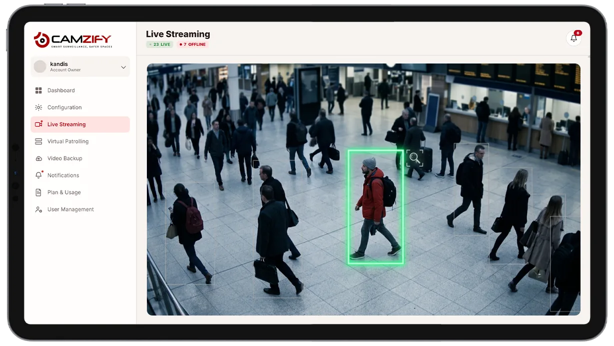 Camera feed with a search query overlay and highlighted matching subject