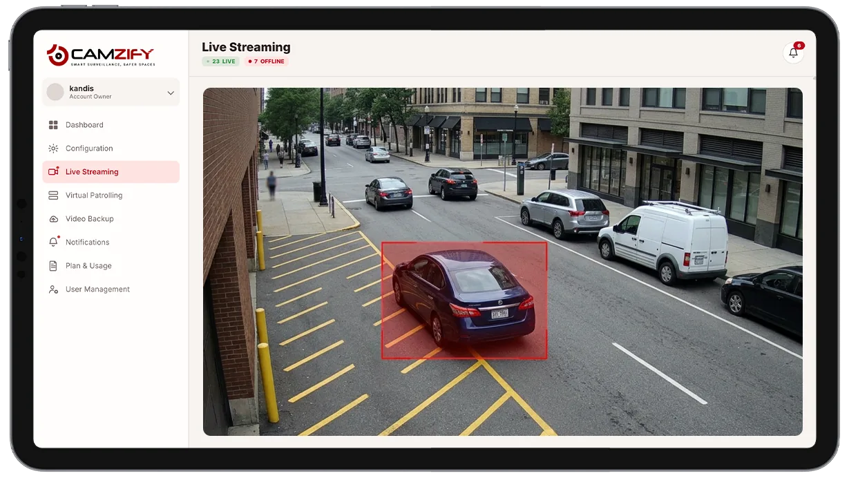 Camera view of a fire lane with an illegally parked vehicle highlighted by a detection bounding box