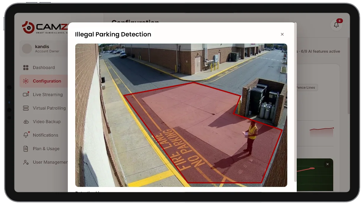 Configuration panel showing a restricted parking zone drawn on a camera view with a grace period slider
