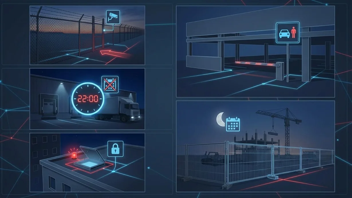 Site map showing multiple line intrusion rules placed across a facility's perimeter fence and vehicle gates