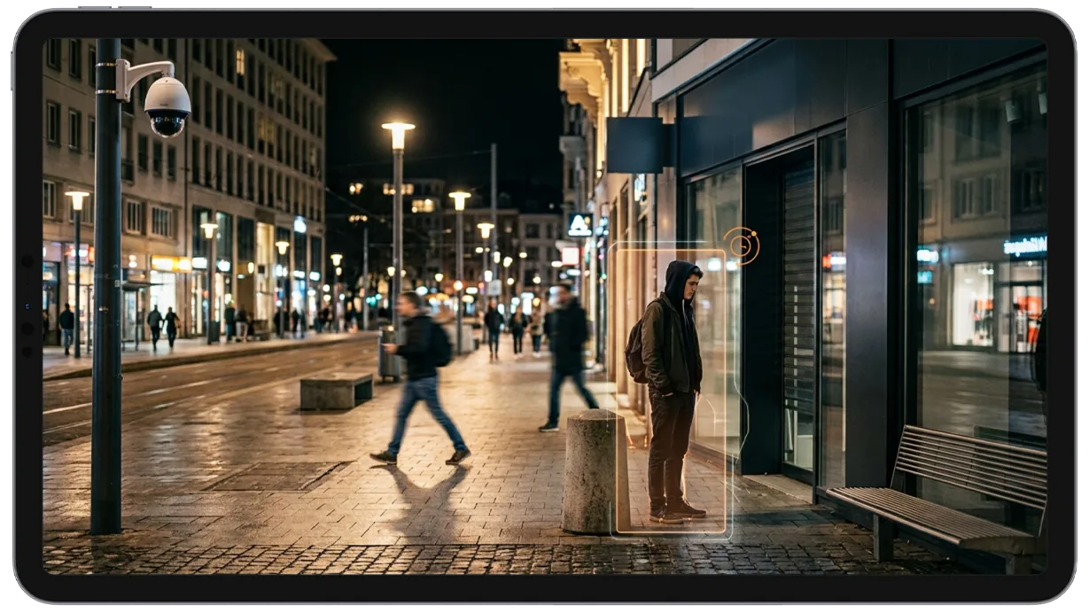 A person waiting in a lit street at night, the scene a loitering rule would watch