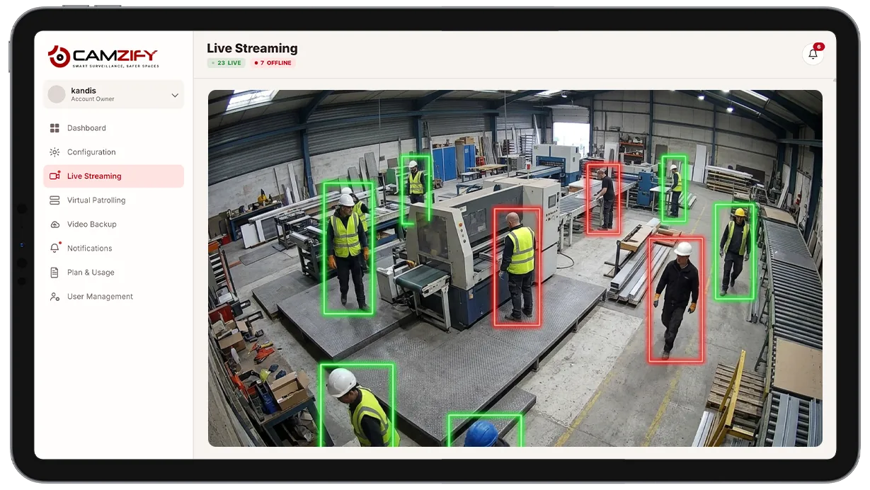 Camera view of a work floor with a worker missing required PPE highlighted