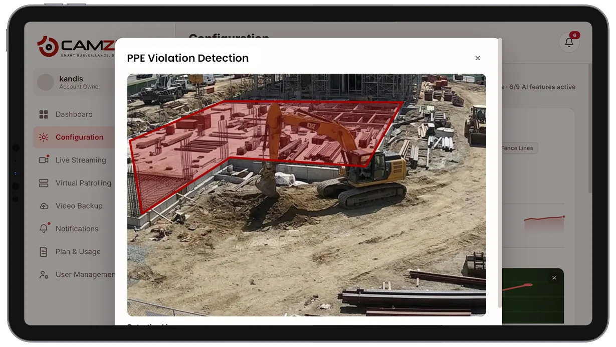 Configuration panel showing required PPE types assigned to a camera zone