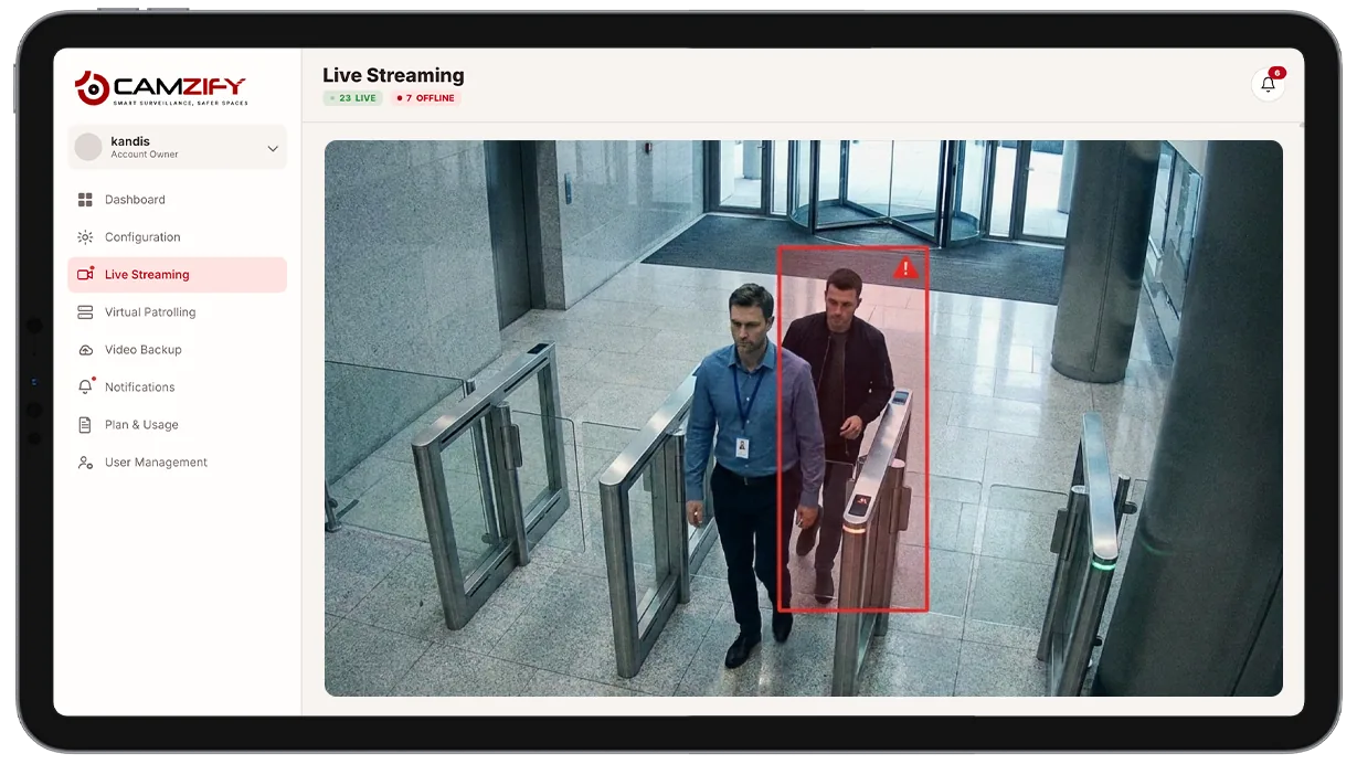 Camera view of a secure door showing two people entering on one badge scan, with the second person highlighted