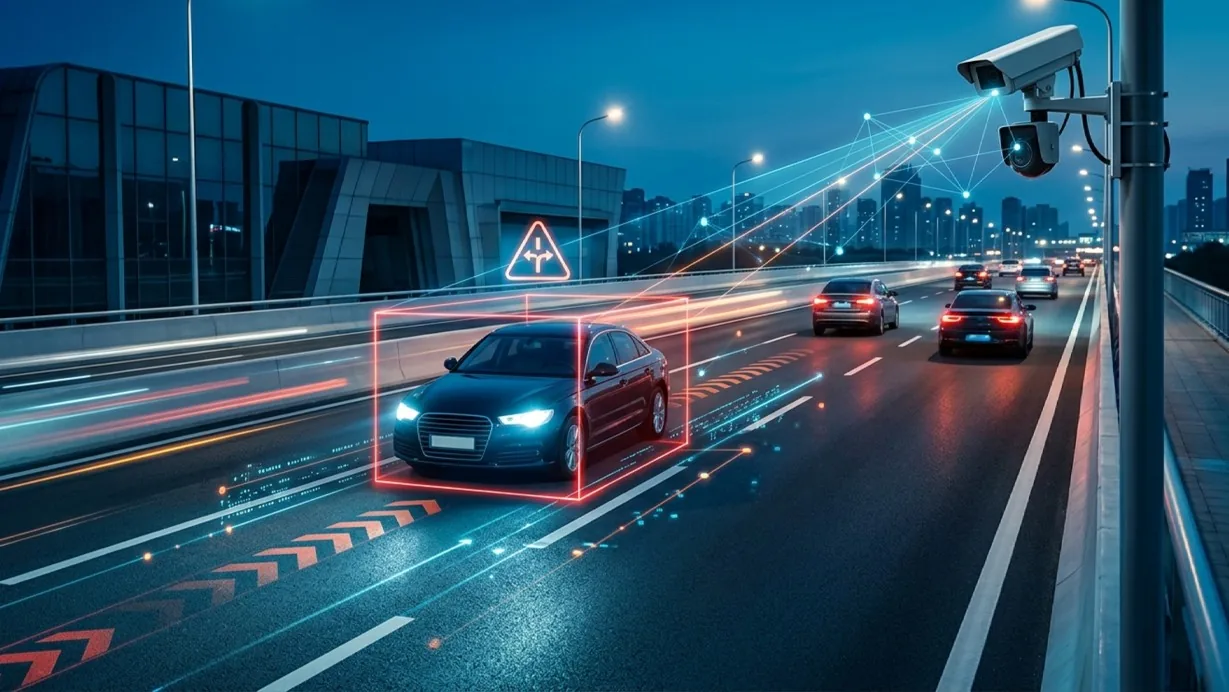 Diagram showing a vehicle track evaluated against a directional rule before firing a wrong-way alert