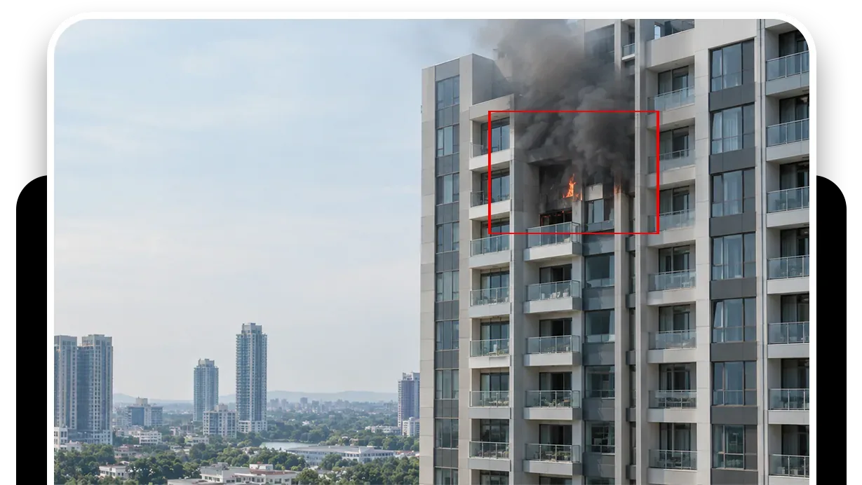 The console live view on a tablet, a warehouse floor with a fire on a pallet stack boxed and labeled Fire and Smoke Detected