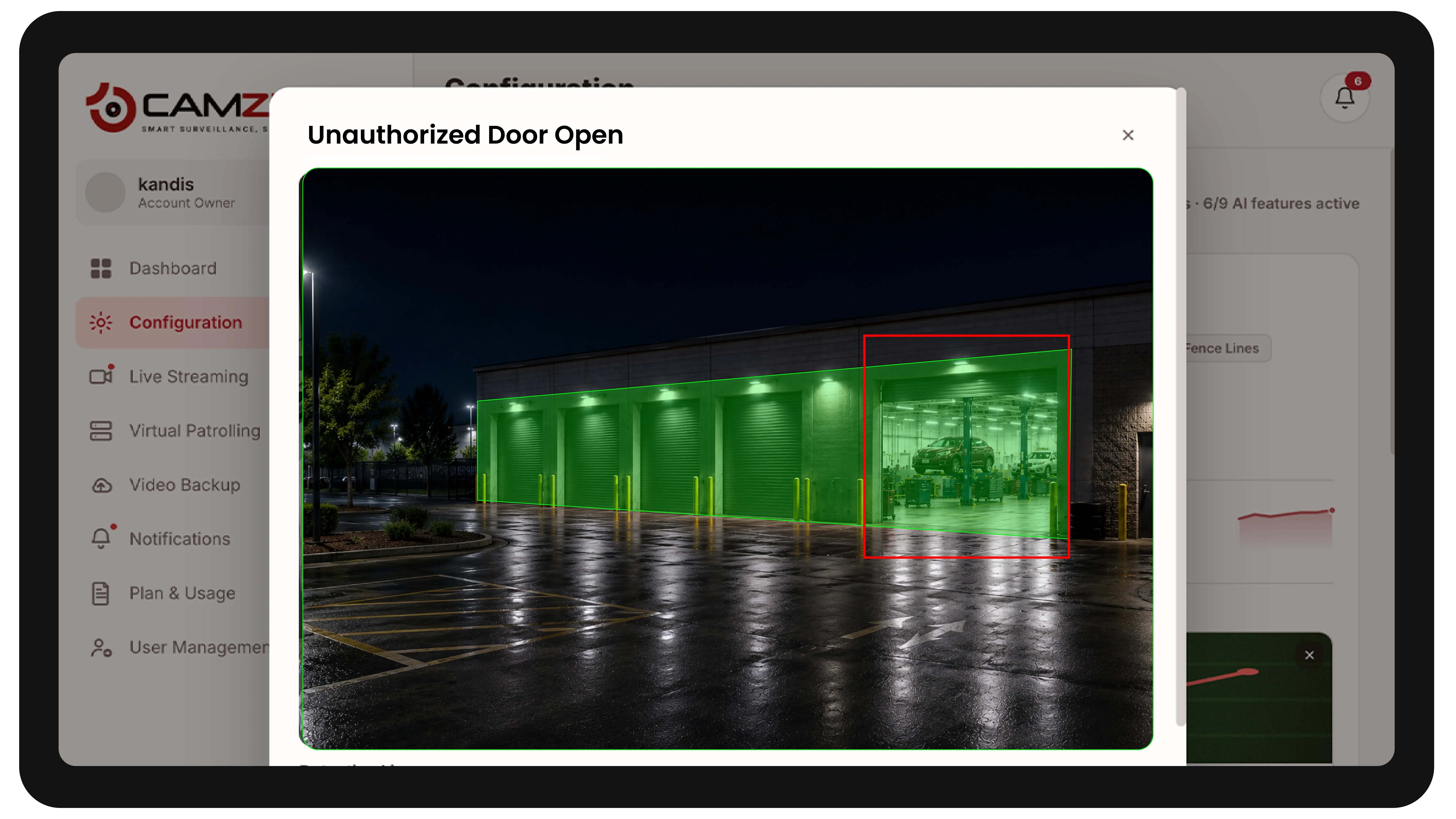 The console configuring a detection on an automotive camera, the zone drawn over the live frame