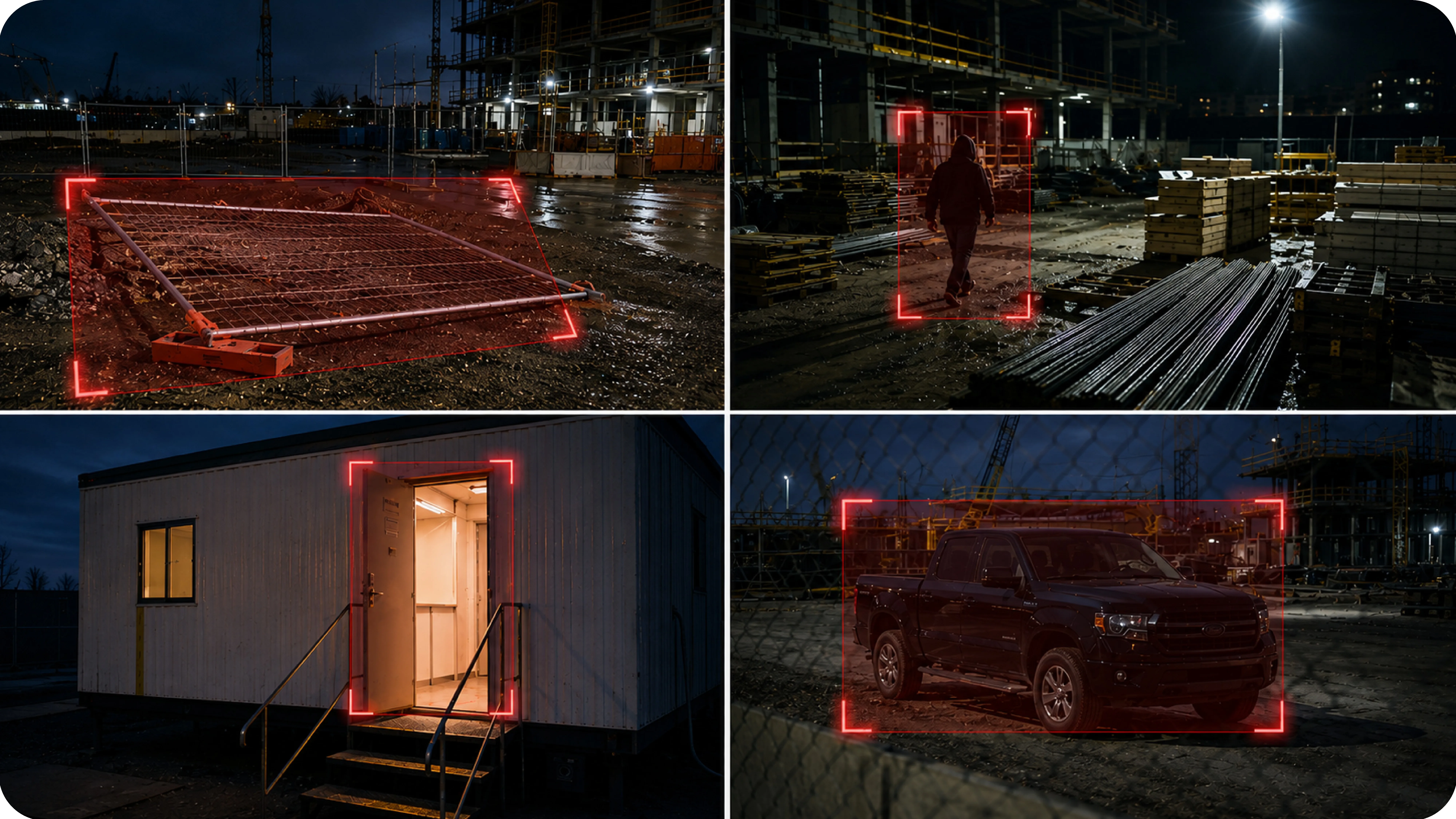 Bilder aus einem Rundgang über die Baustelle, jedes mit dem ausgelösten Alarm
