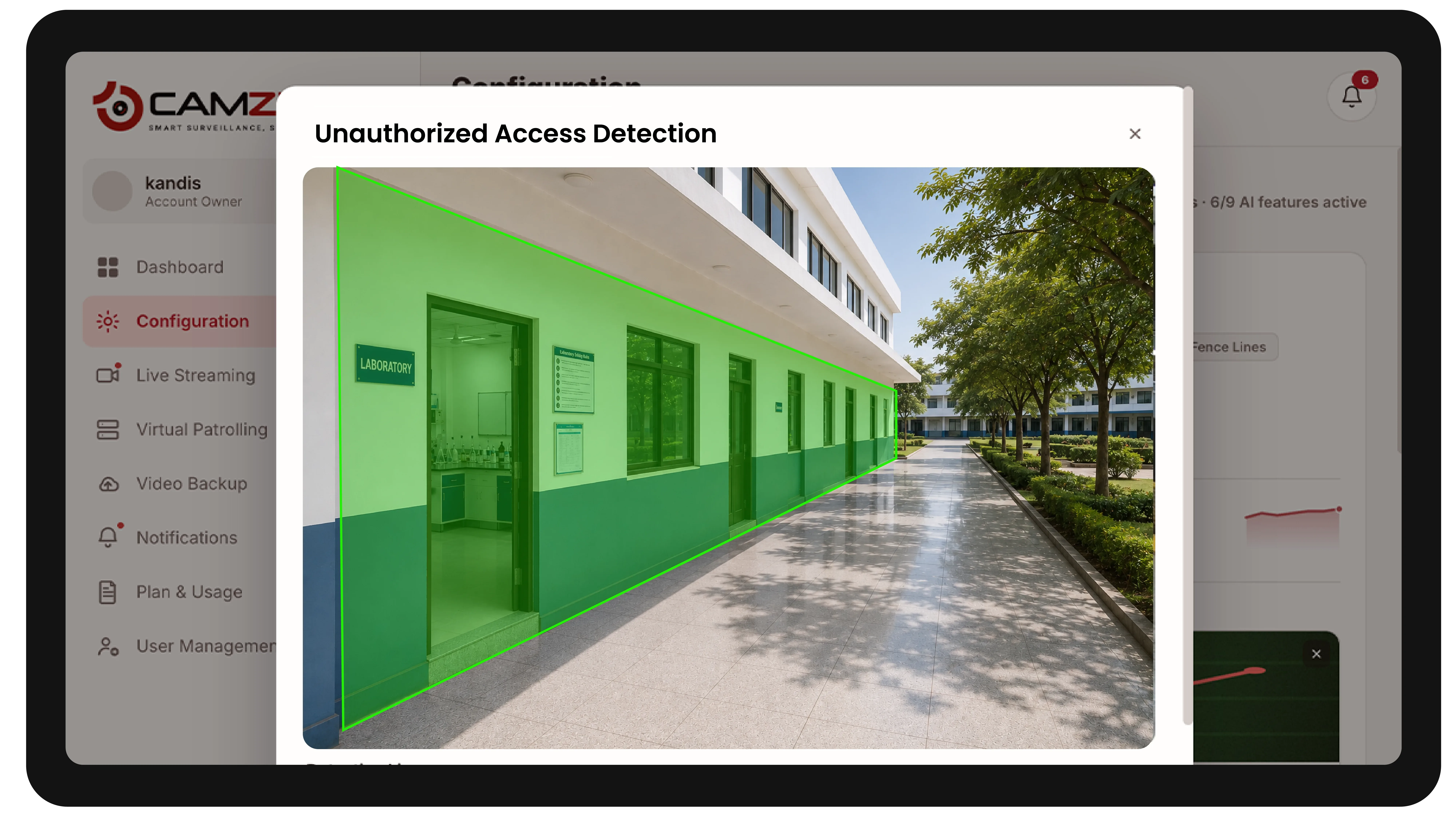The console configuring a detection on a education facility camera, the zone drawn over the live frame