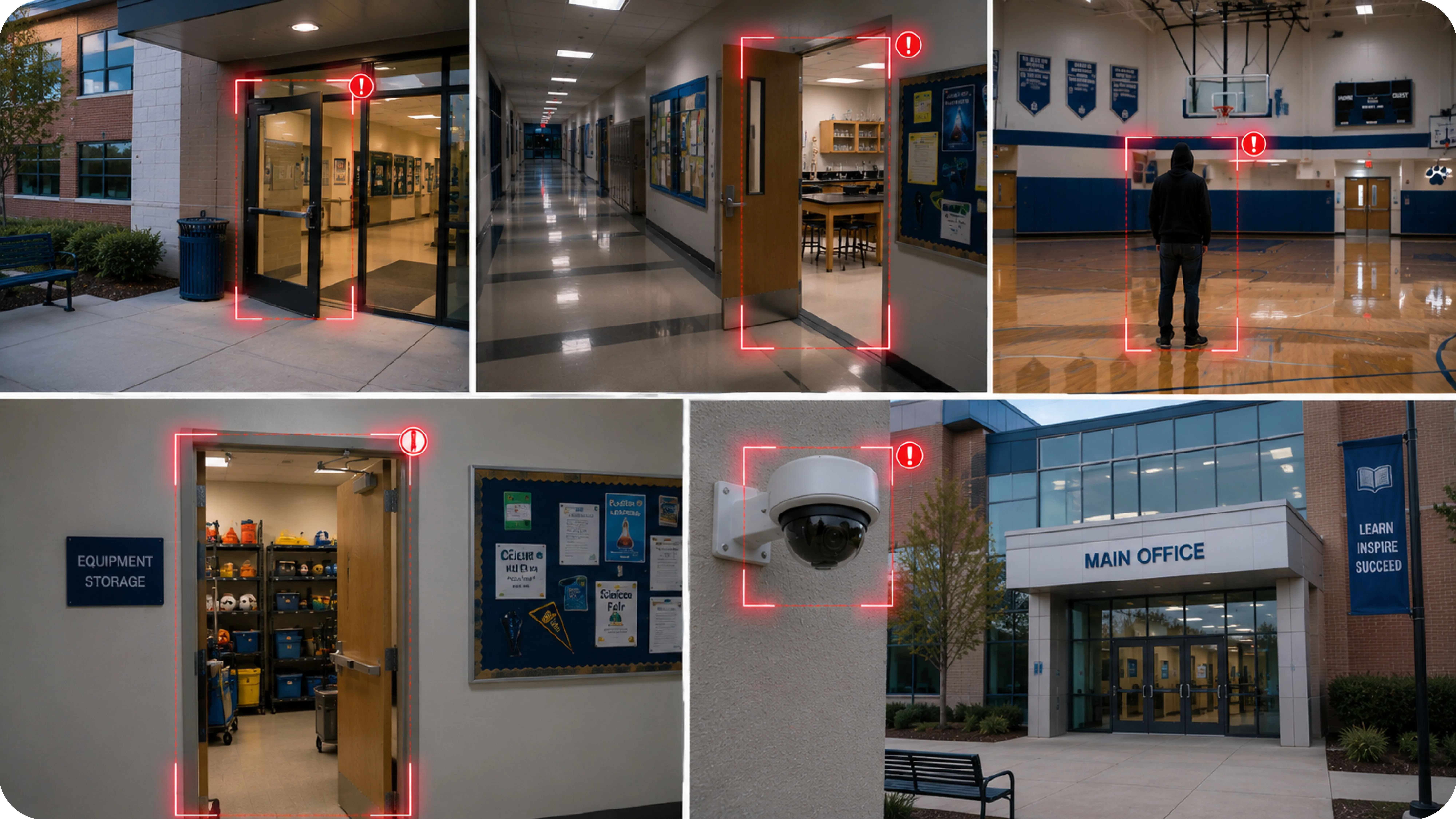 Frames from a round across the education facility site, each with its alert raised