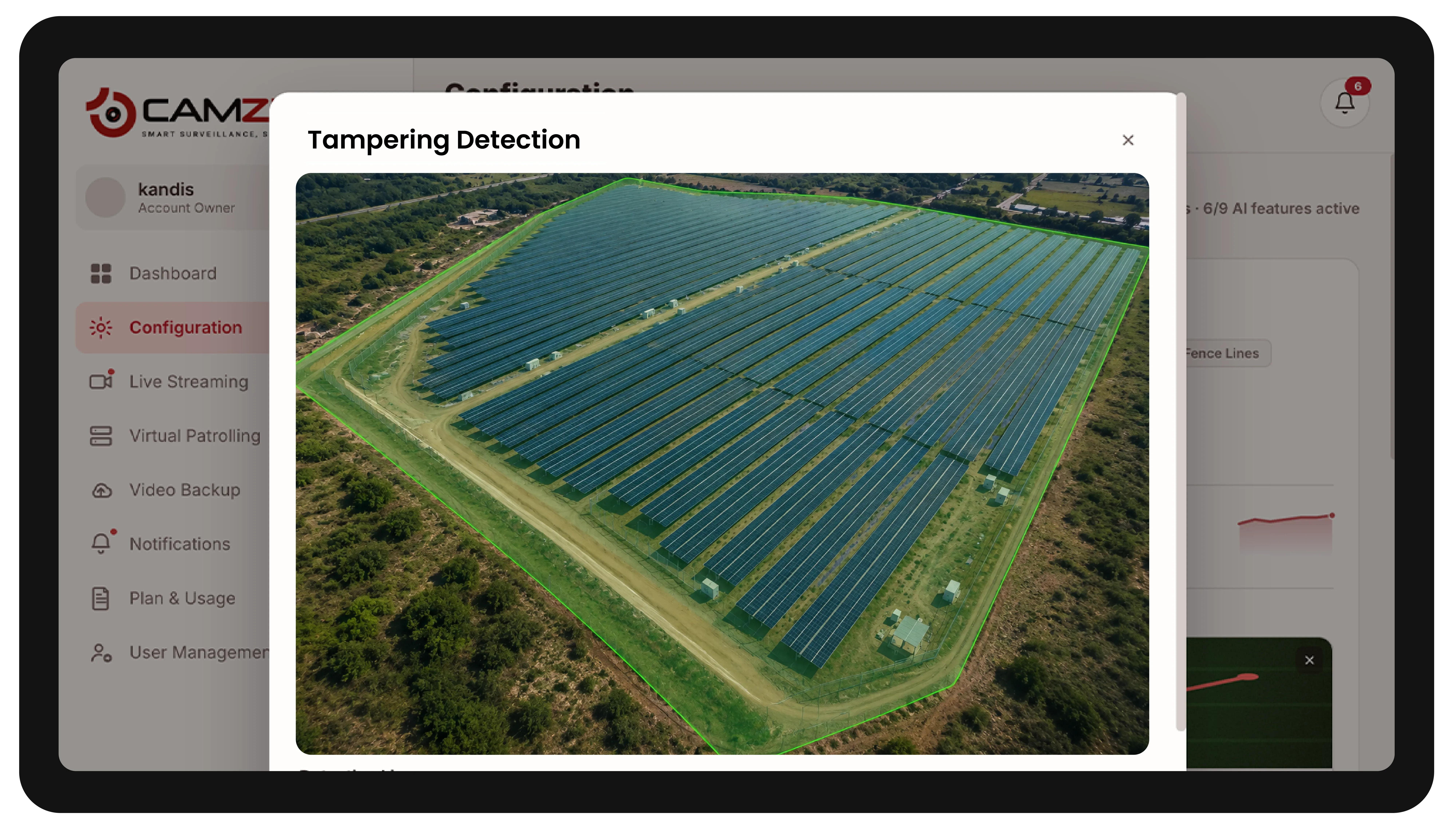 The console configuring a detection on a energy site camera, the zone drawn over the live frame