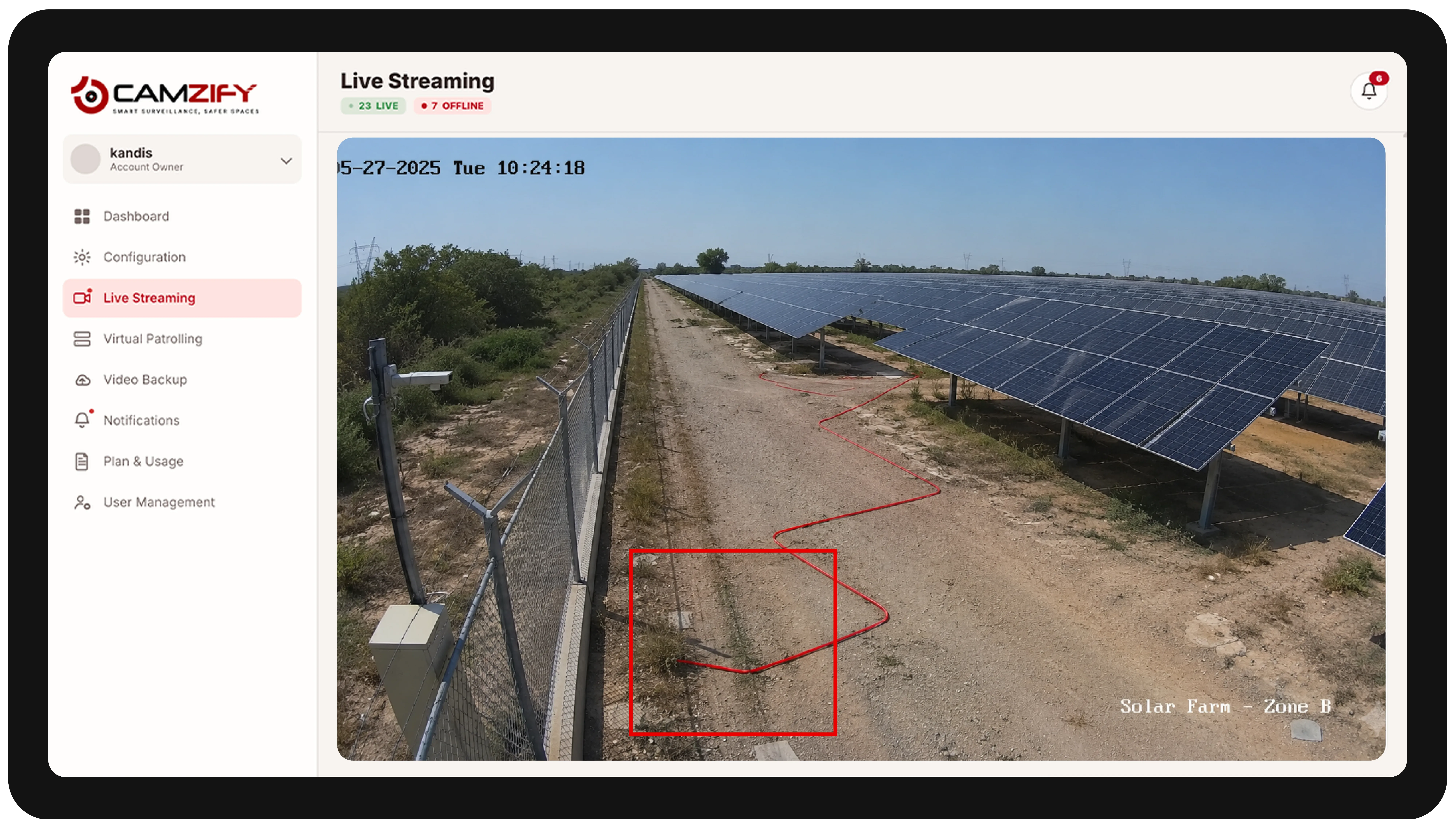 Live streaming from a energy site camera with people and vehicles outlined as they are tracked