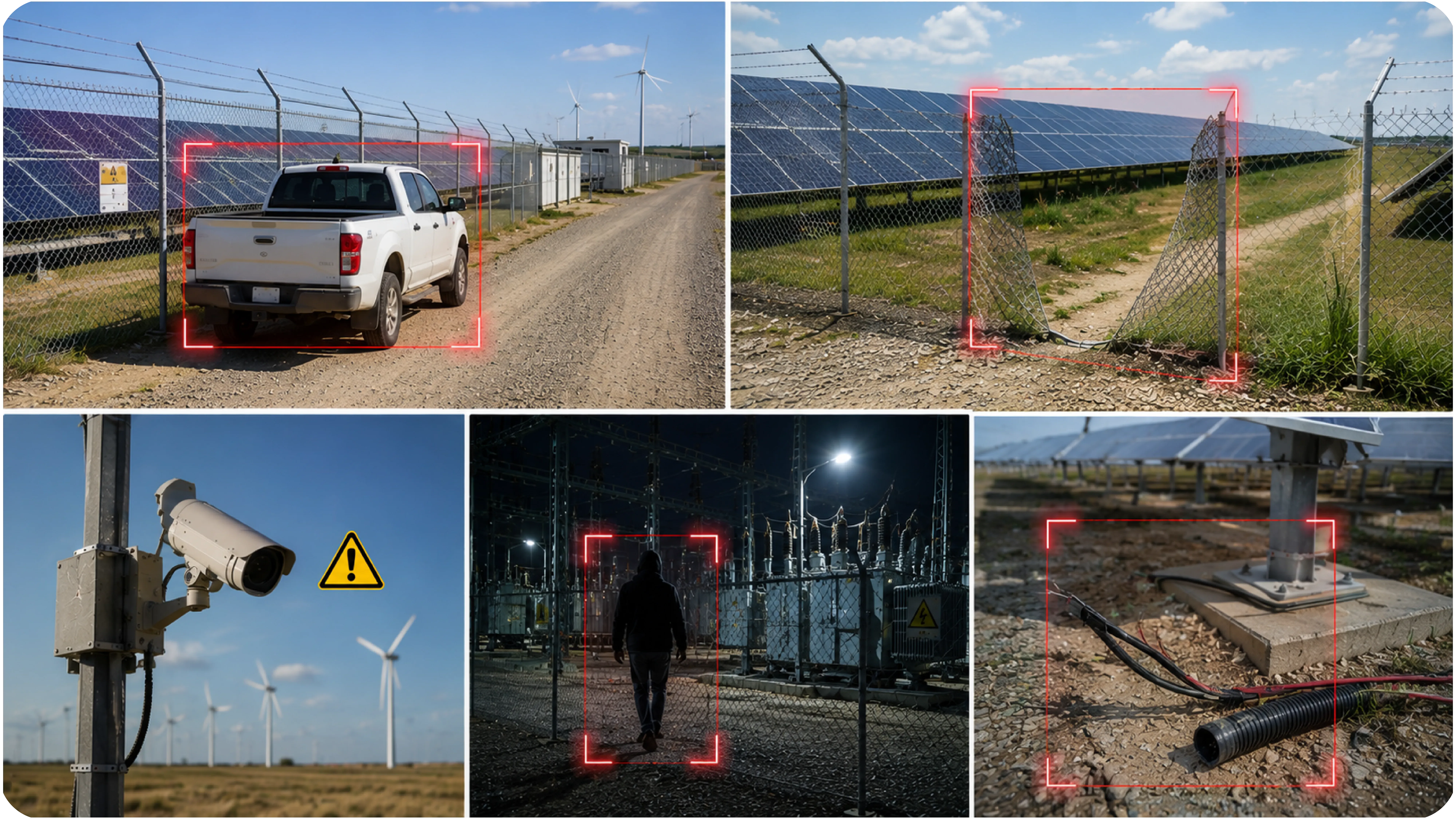 Frames from a round across the energy site site, each with its alert raised
