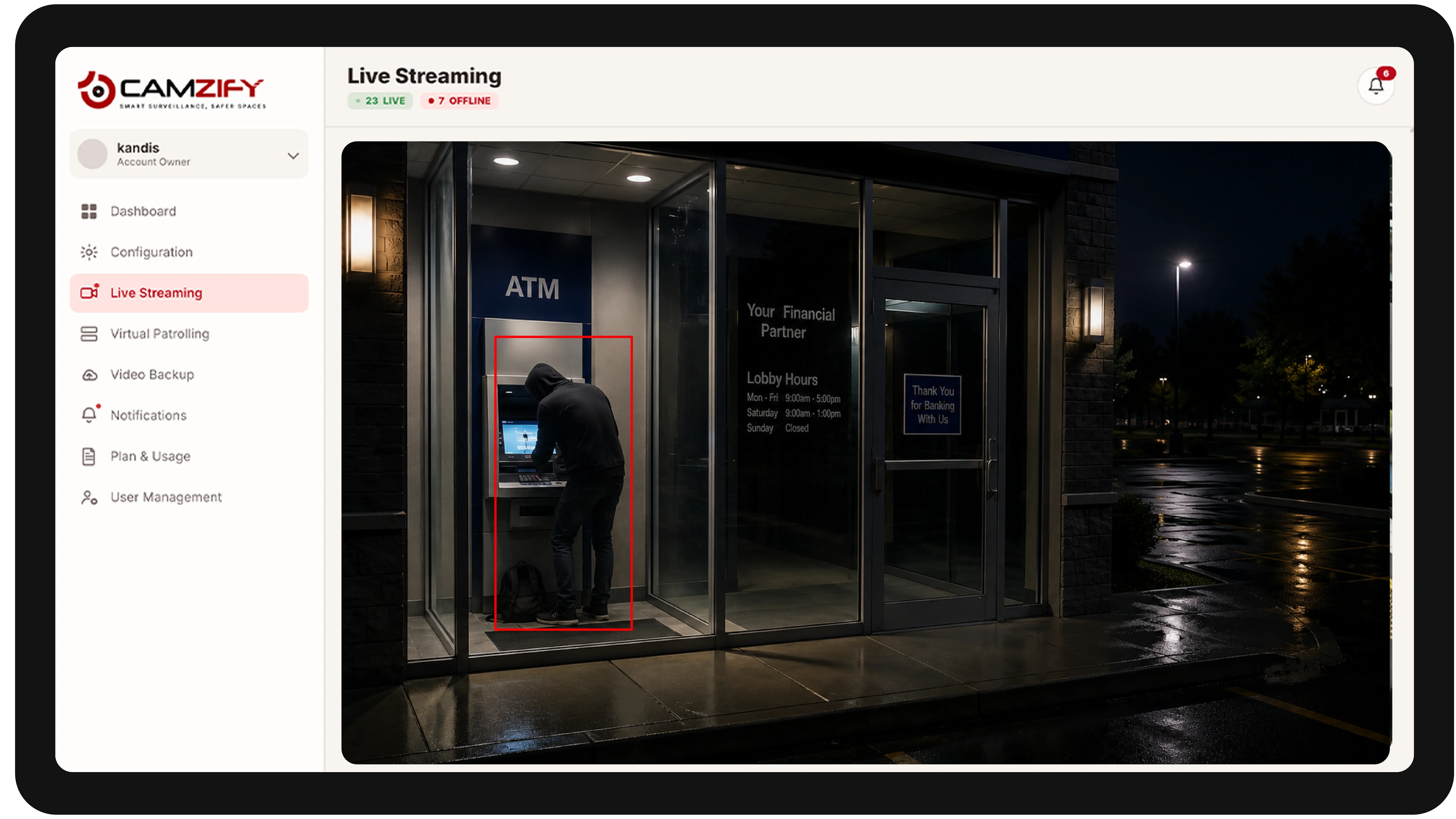 Live streaming from a financial services camera with people and vehicles outlined as they are tracked