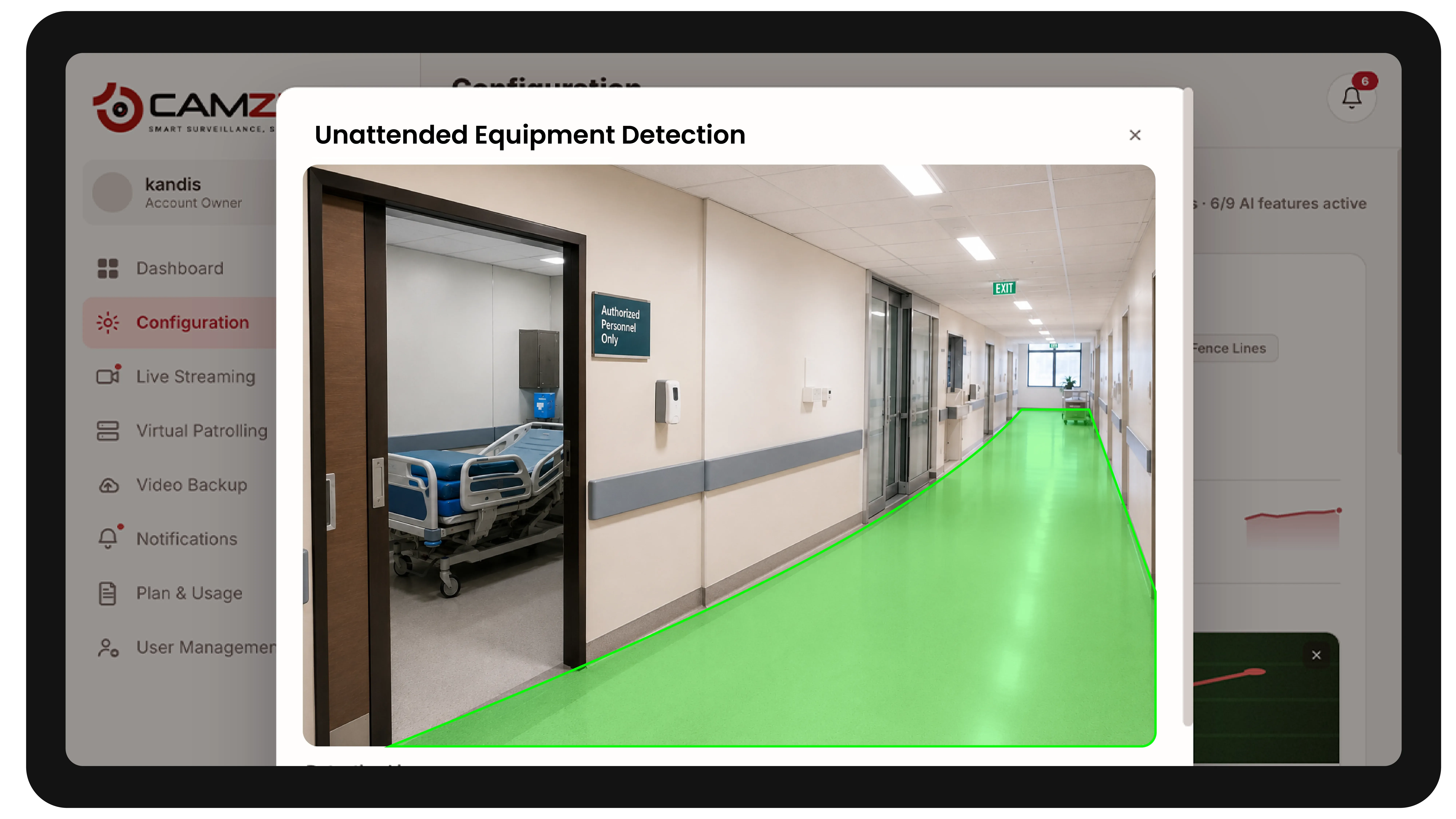 The console configuring a detection on a healthcare facility camera, the zone drawn over the live frame