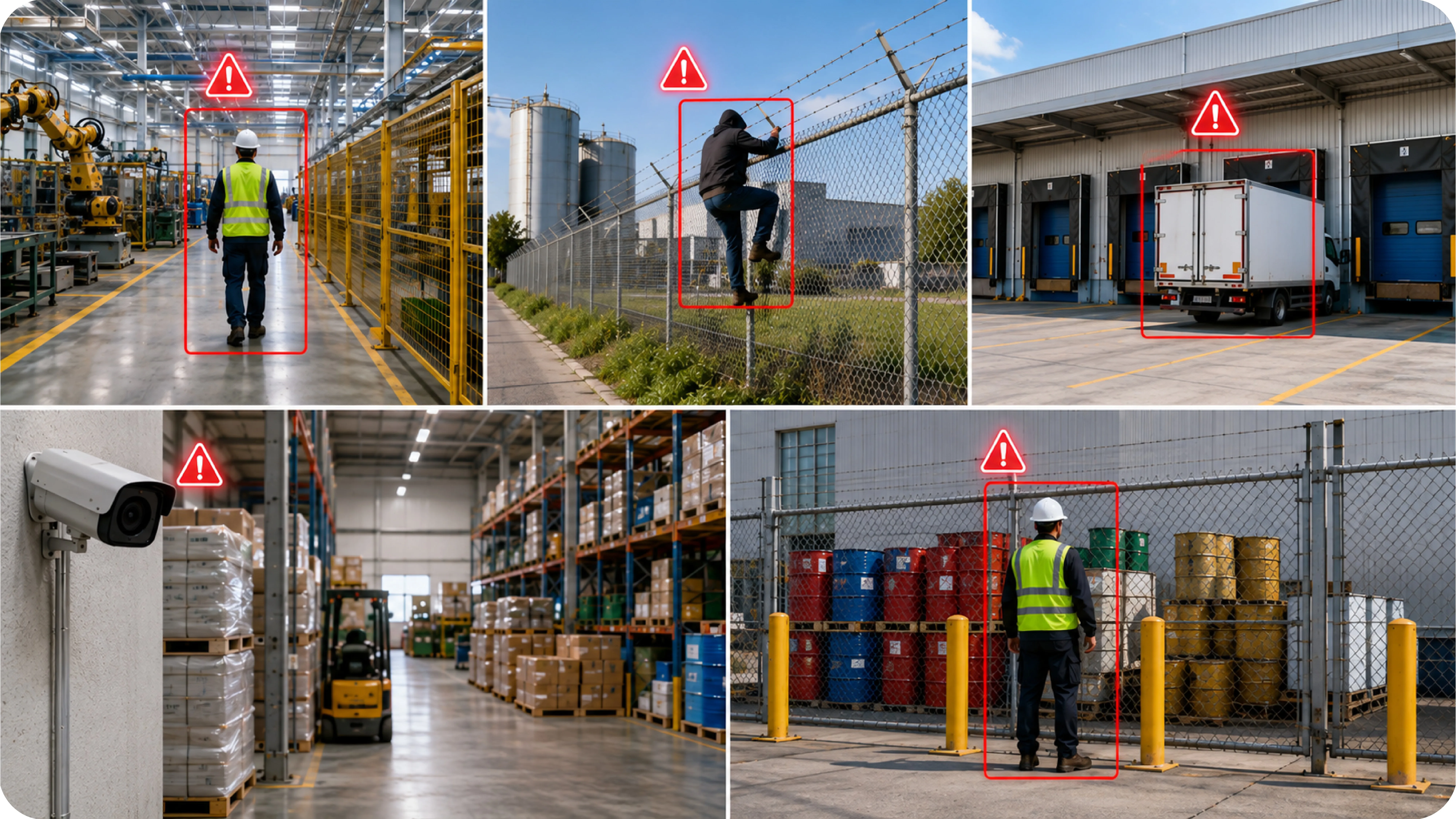 Bilder aus einem Rundgang über den Produktionsstandort, jedes mit dem ausgelösten Alarm