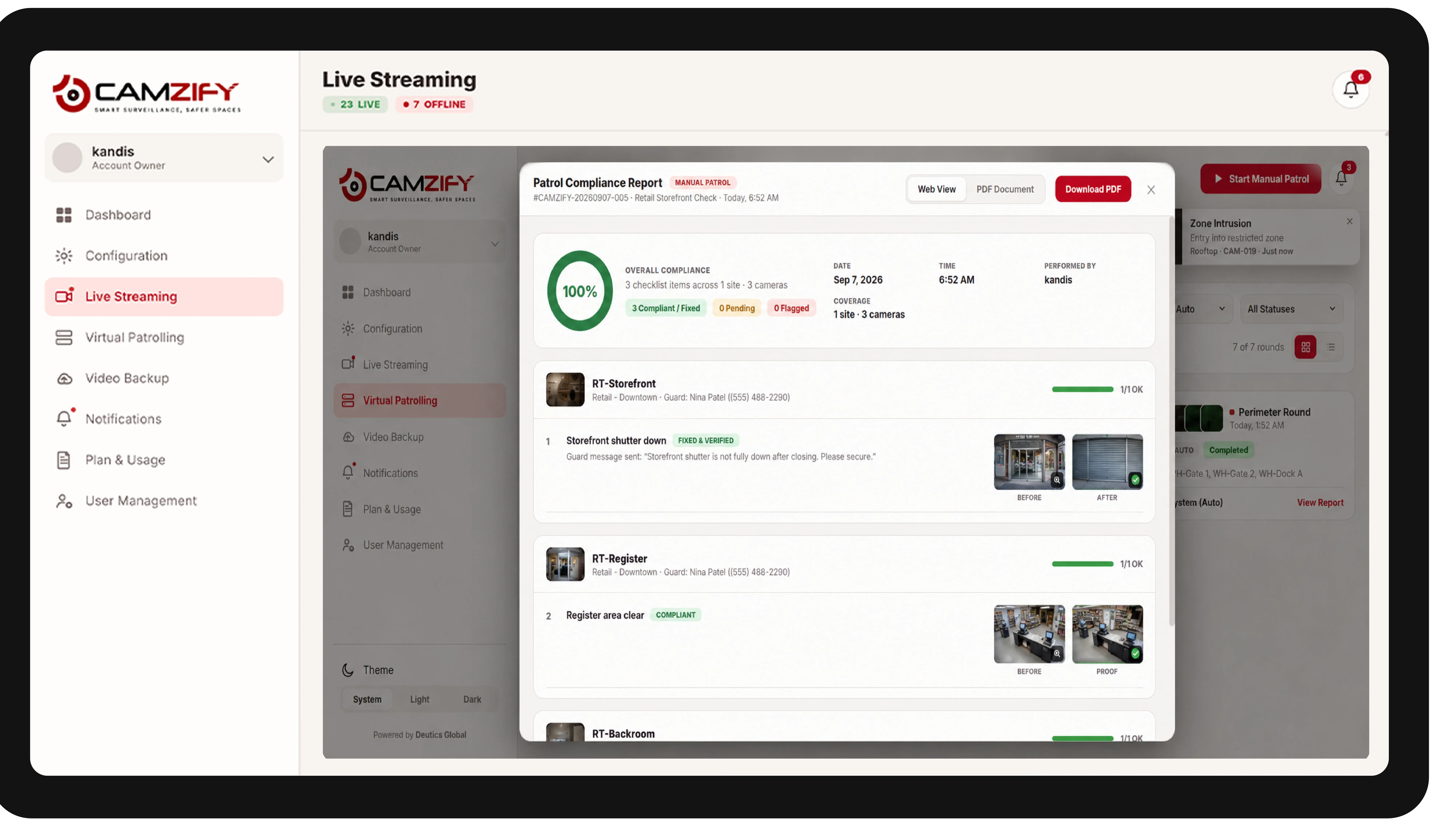 Live streaming from a multi-site camera with people and vehicles outlined as they are tracked