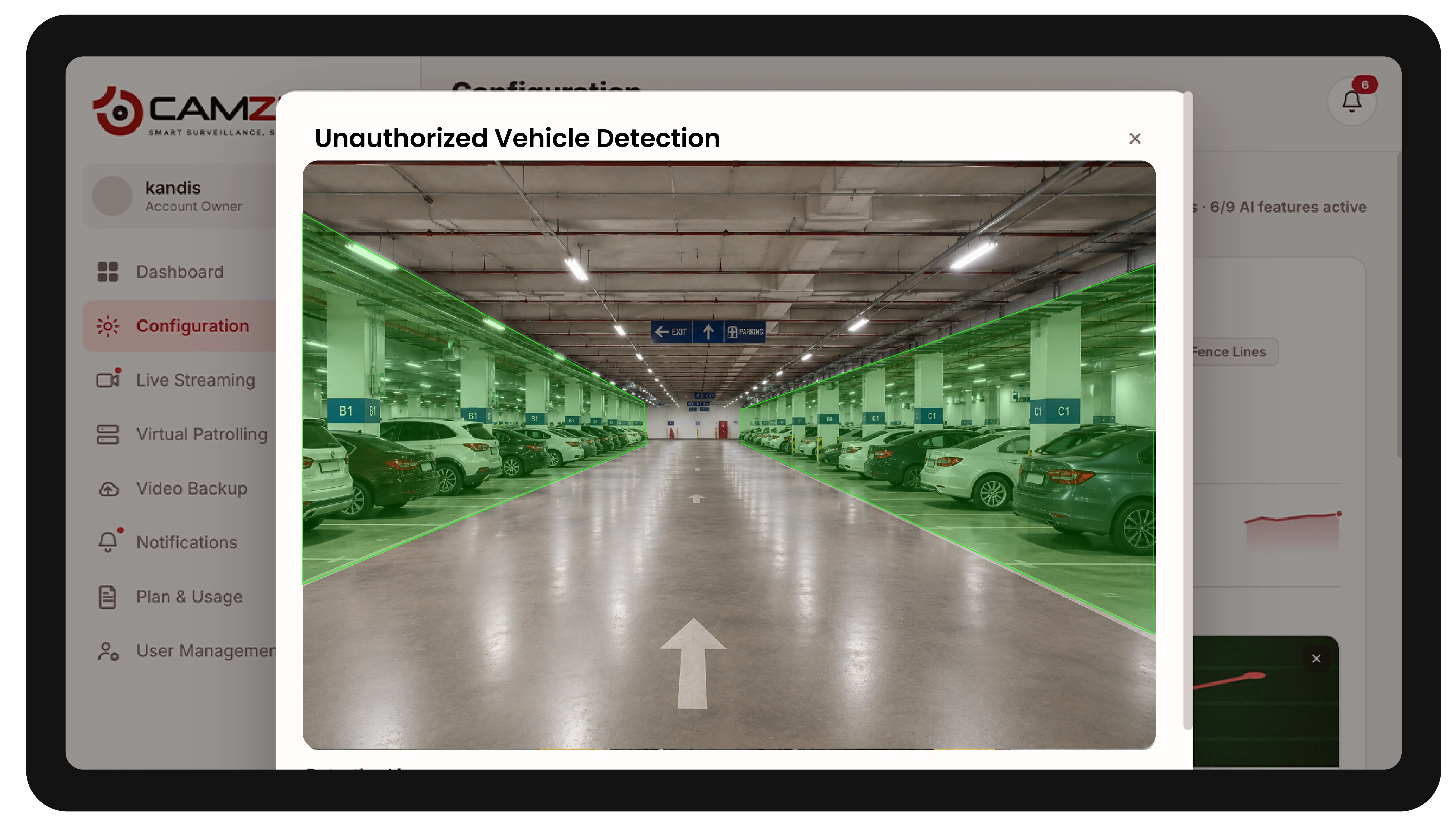 The console configuring a detection on a property camera, the zone drawn over the live frame