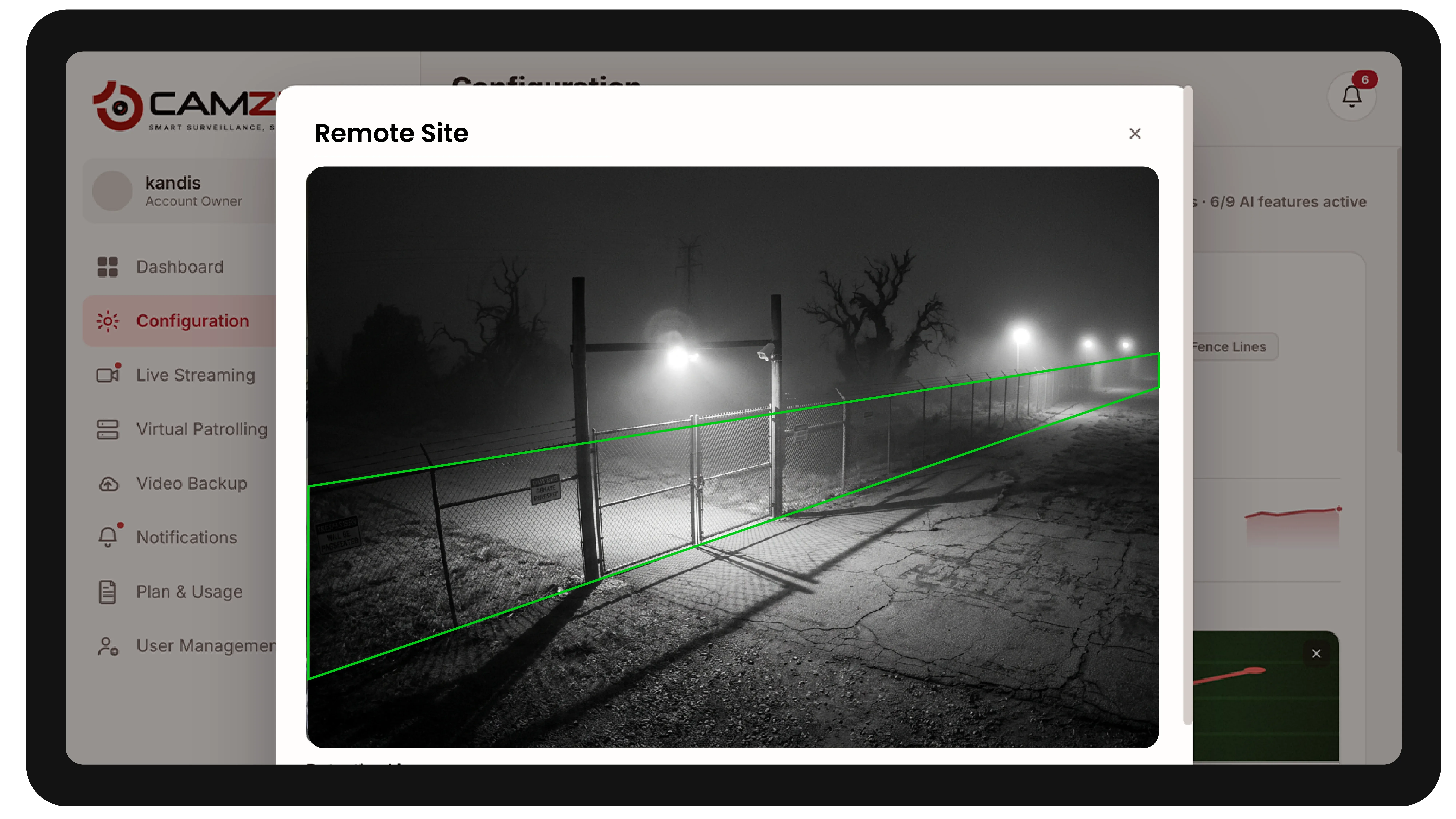 The console configuring a detection on a remote site camera, the zone drawn over the live frame