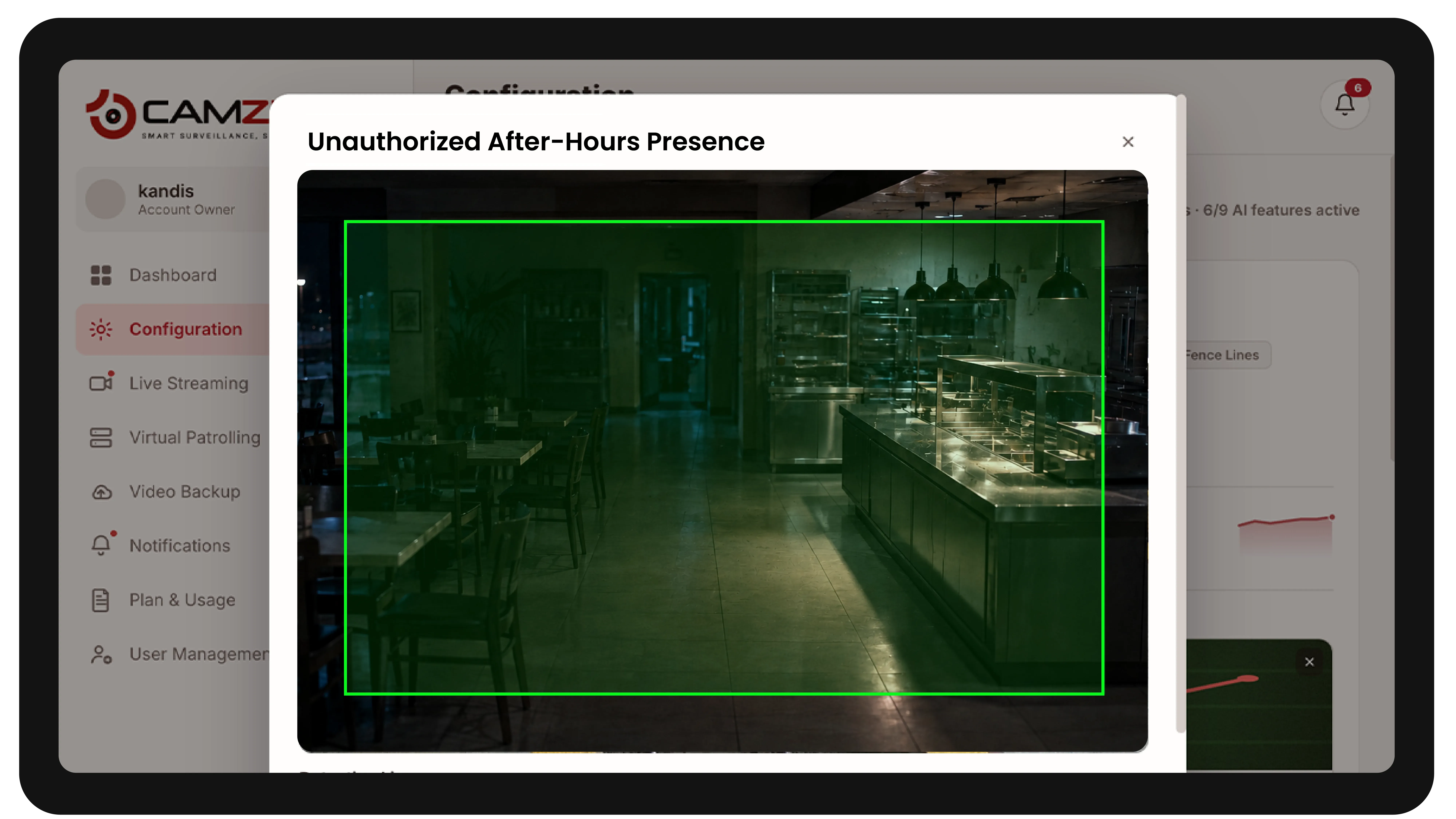 The console configuring a detection on a restaurant camera, the zone drawn over the live frame