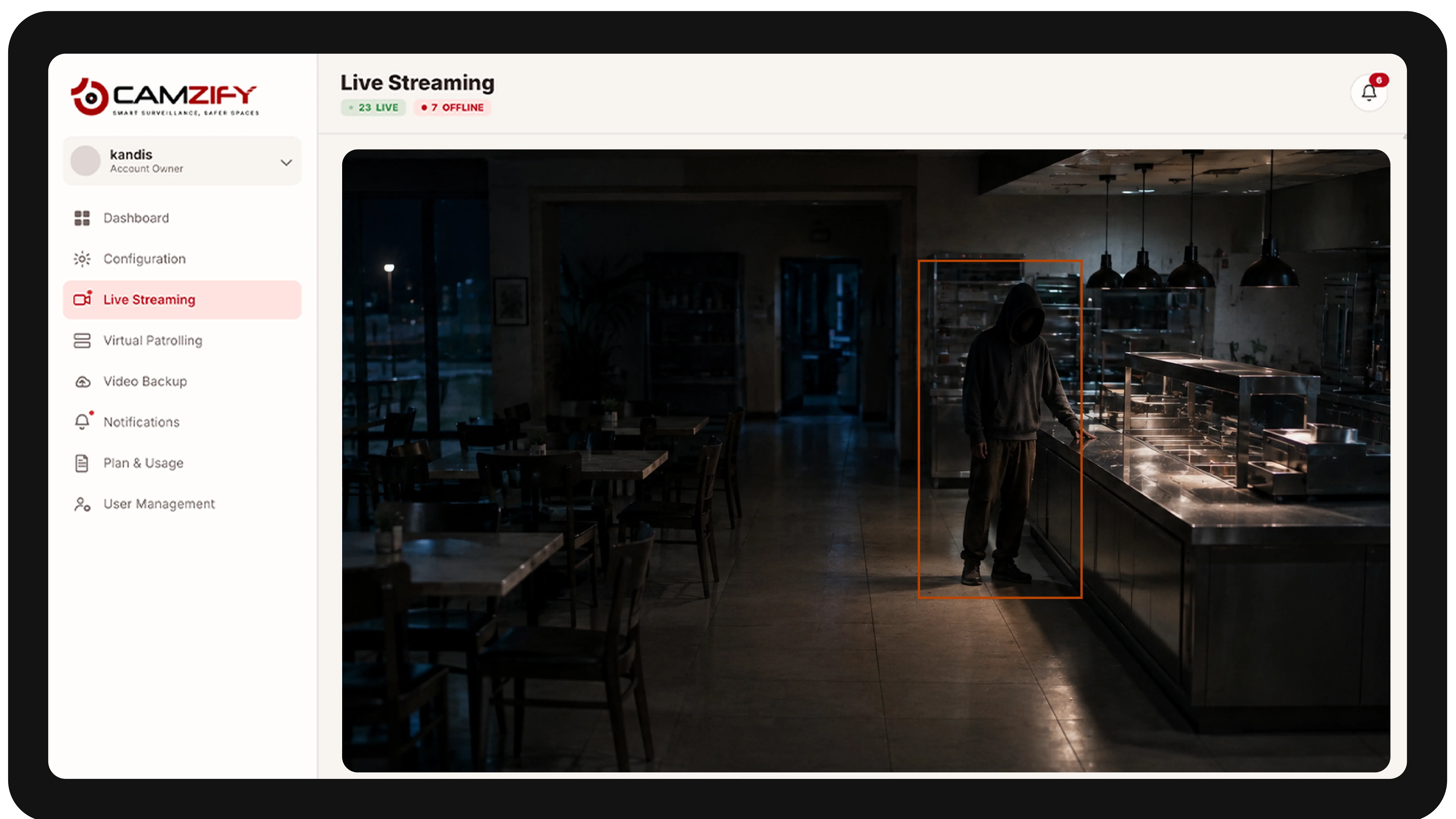Live streaming from a restaurant camera with people and vehicles outlined as they are tracked